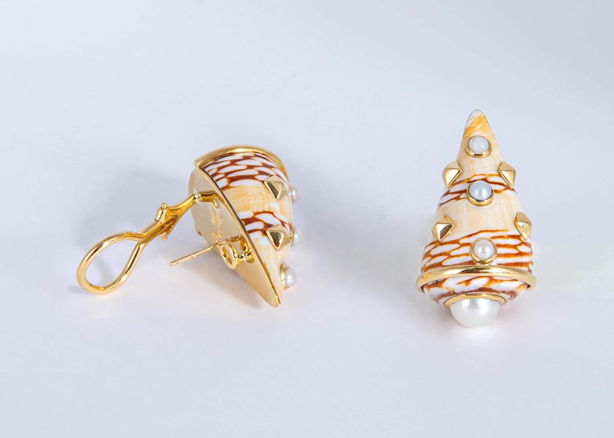 Round Cut Trianon Shell and Pearl Earrings For Sale