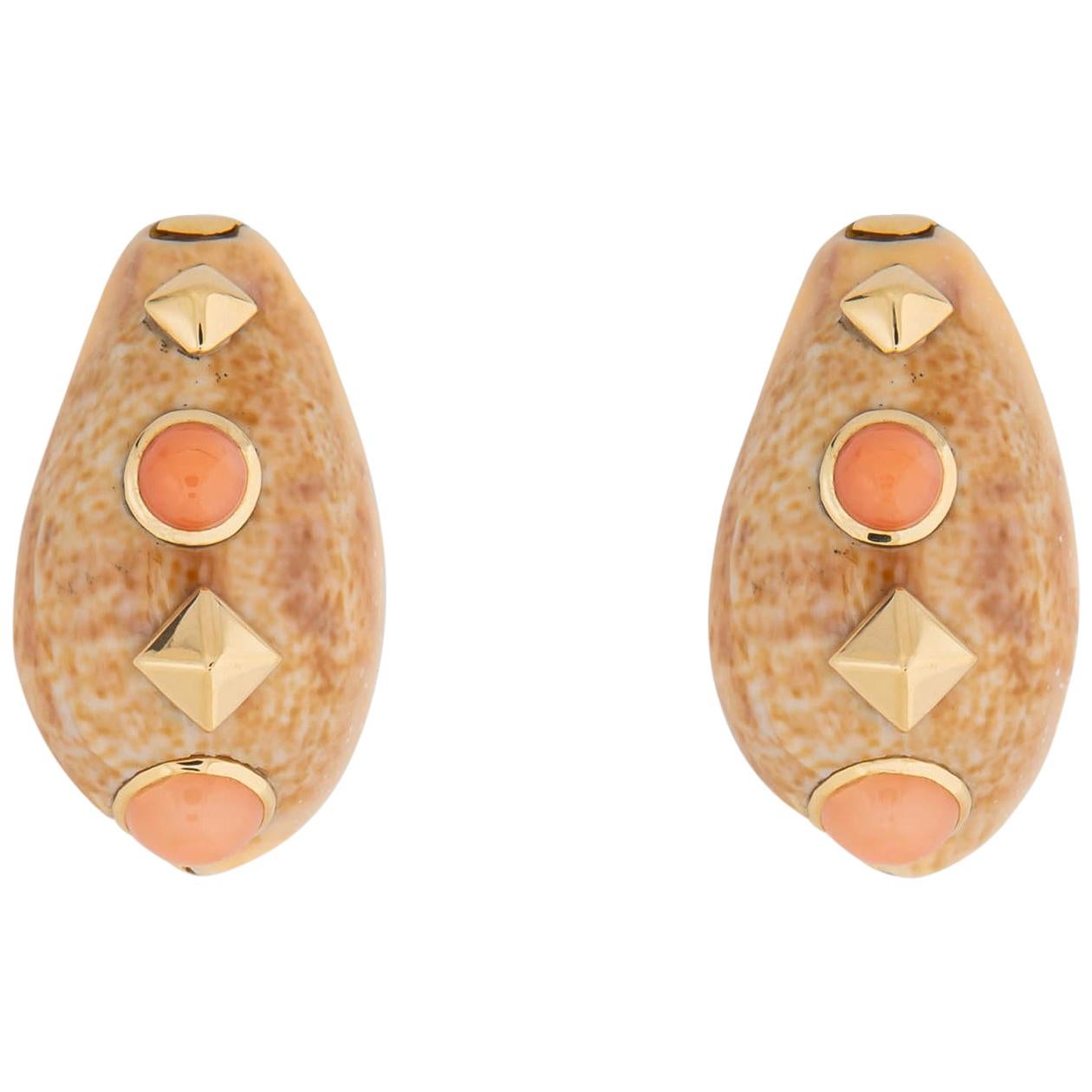 Trianon Shell Gold and Coral Earrings For Sale