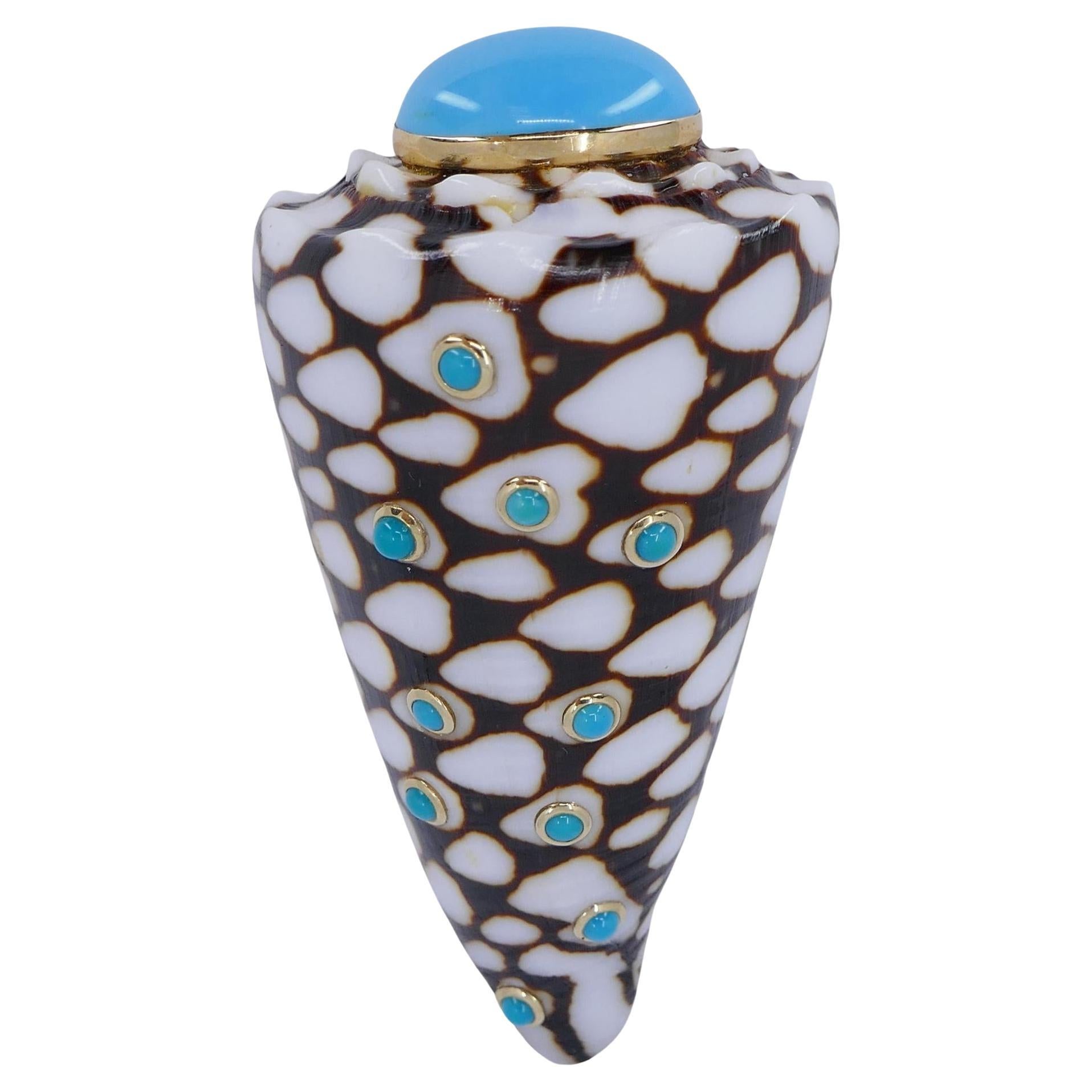 Trianon Shell Gold Brooch with Turquoise For Sale
