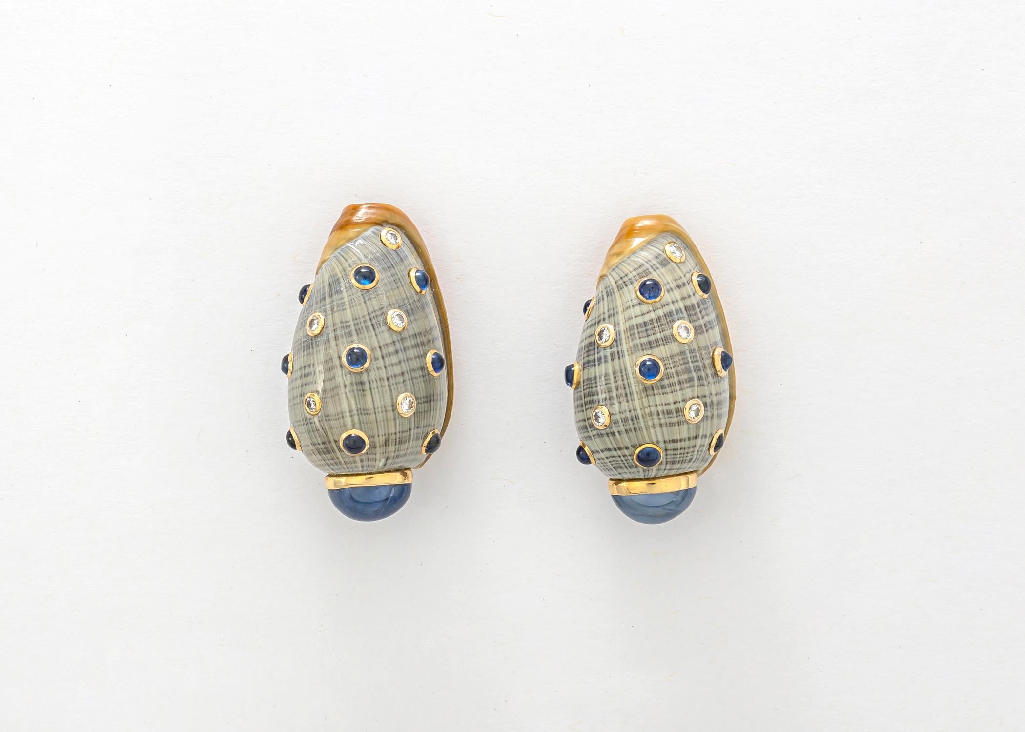Contemporary Trianon Shell Sapphire and Diamond Earrings