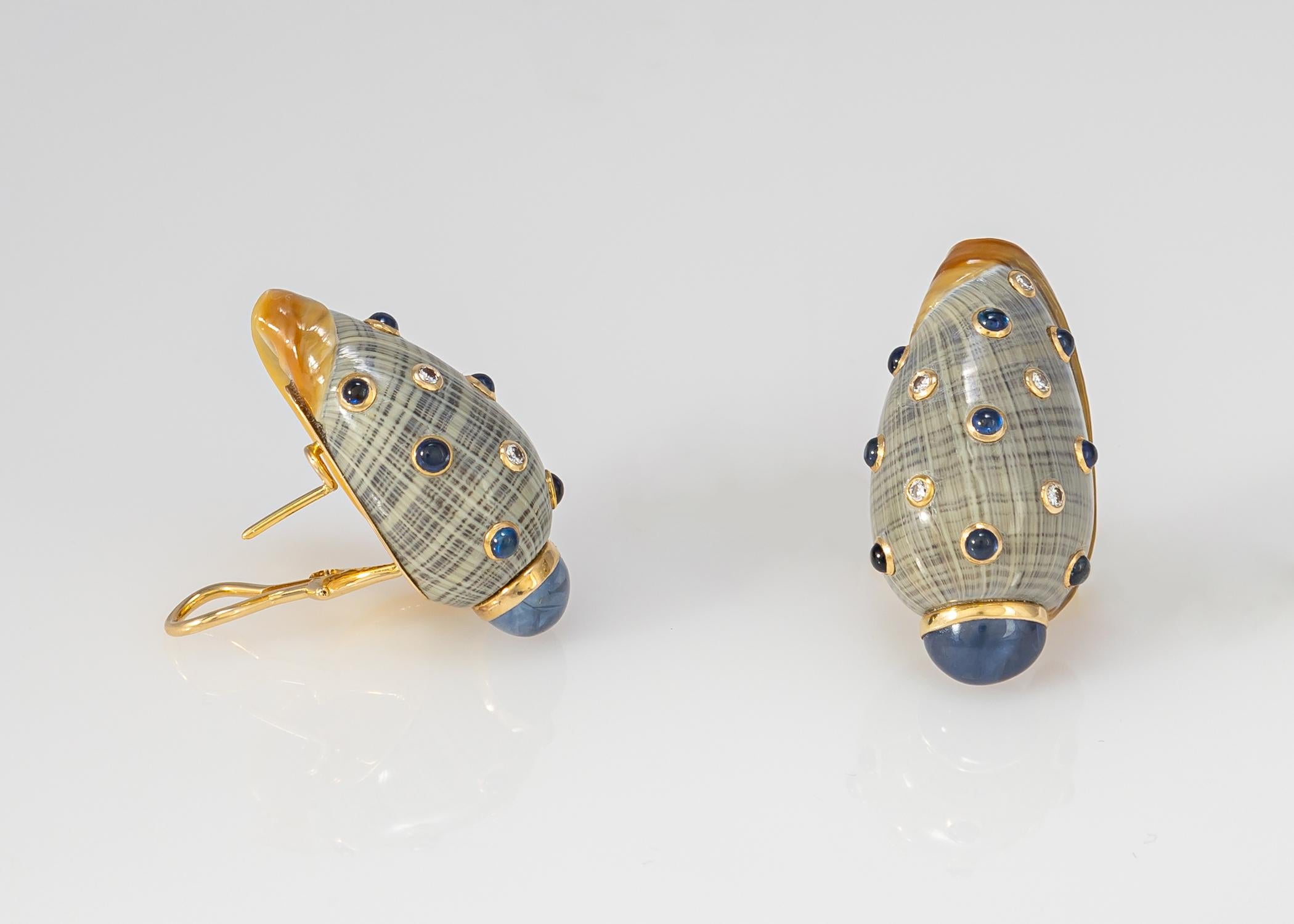 Brilliant Cut Trianon Shell Sapphire and Diamond Earrings