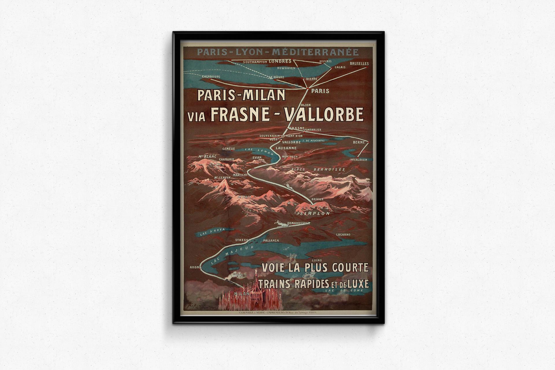 Manifesto di viaggio originale del 1920 circa per l'I.L.A. Parigi - Milano via Frasne - Vallorbe in vendita 2