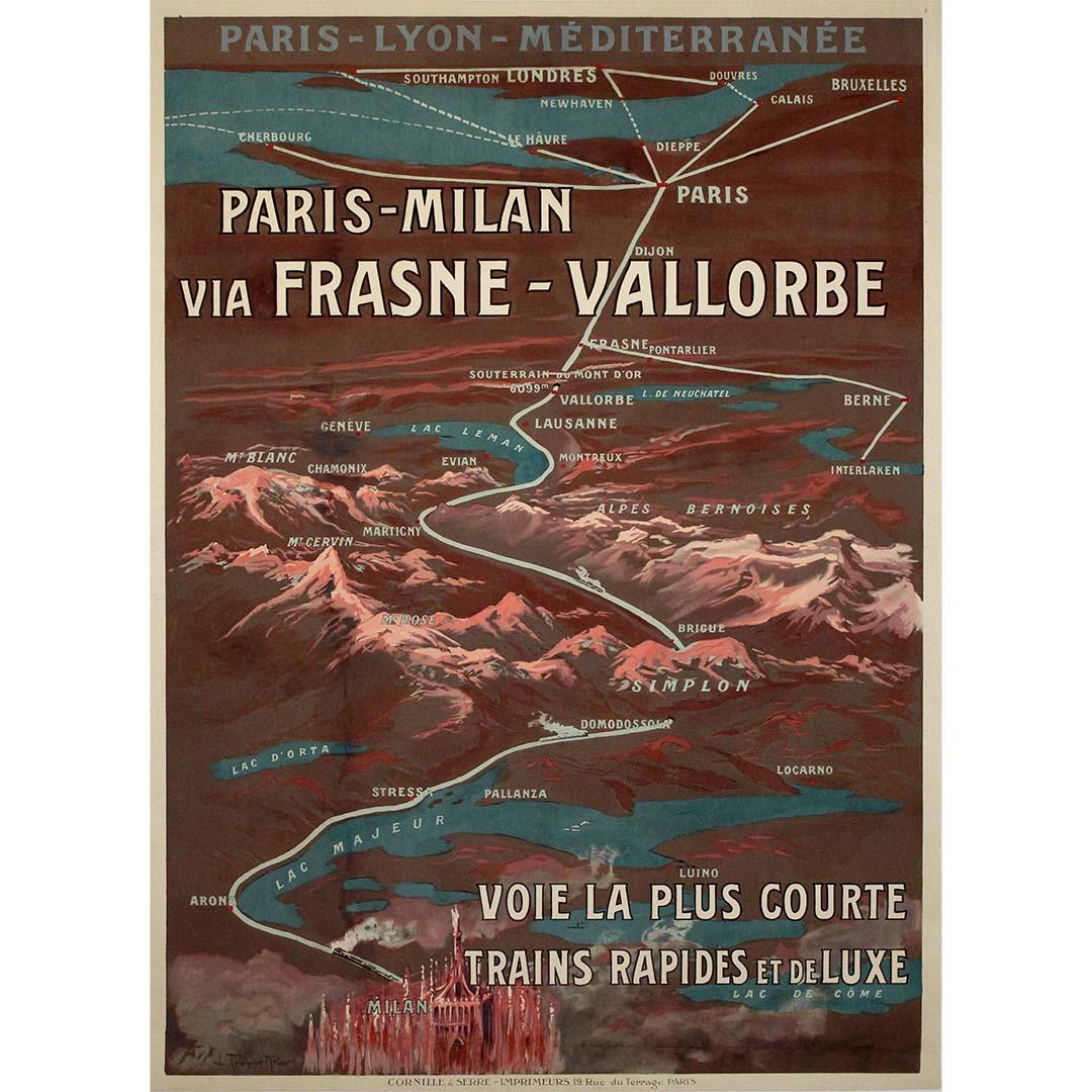 Manifesto di viaggio originale del 1920 circa per l'I.L.A. Parigi - Milano via Frasne - Vallorbe - Print di Trianon Trinquier