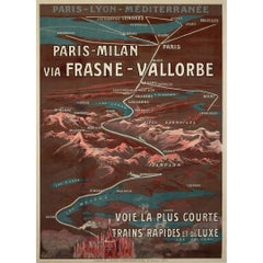 Cartel de viaje original de 1920 para P.L.M. París - Milán vía Frasne - Vallorbe