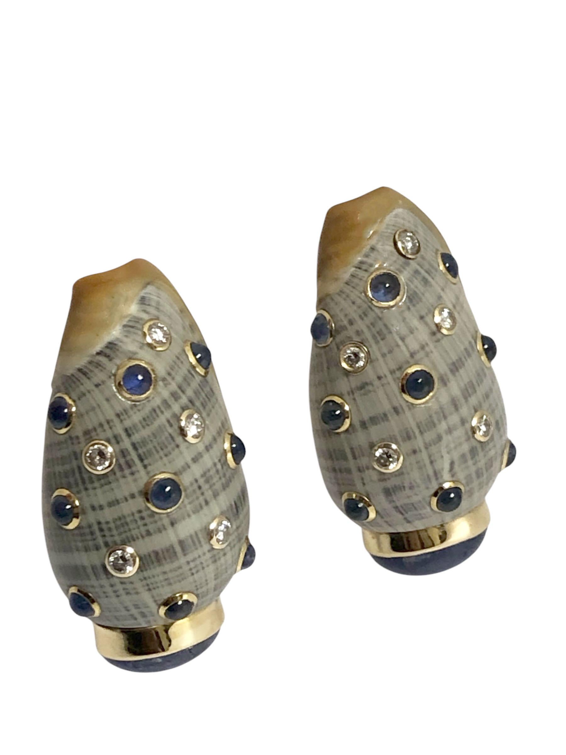 Cabochon Trianon Turbo Shell Gold Sapphire and Diamond set Earrings For Sale