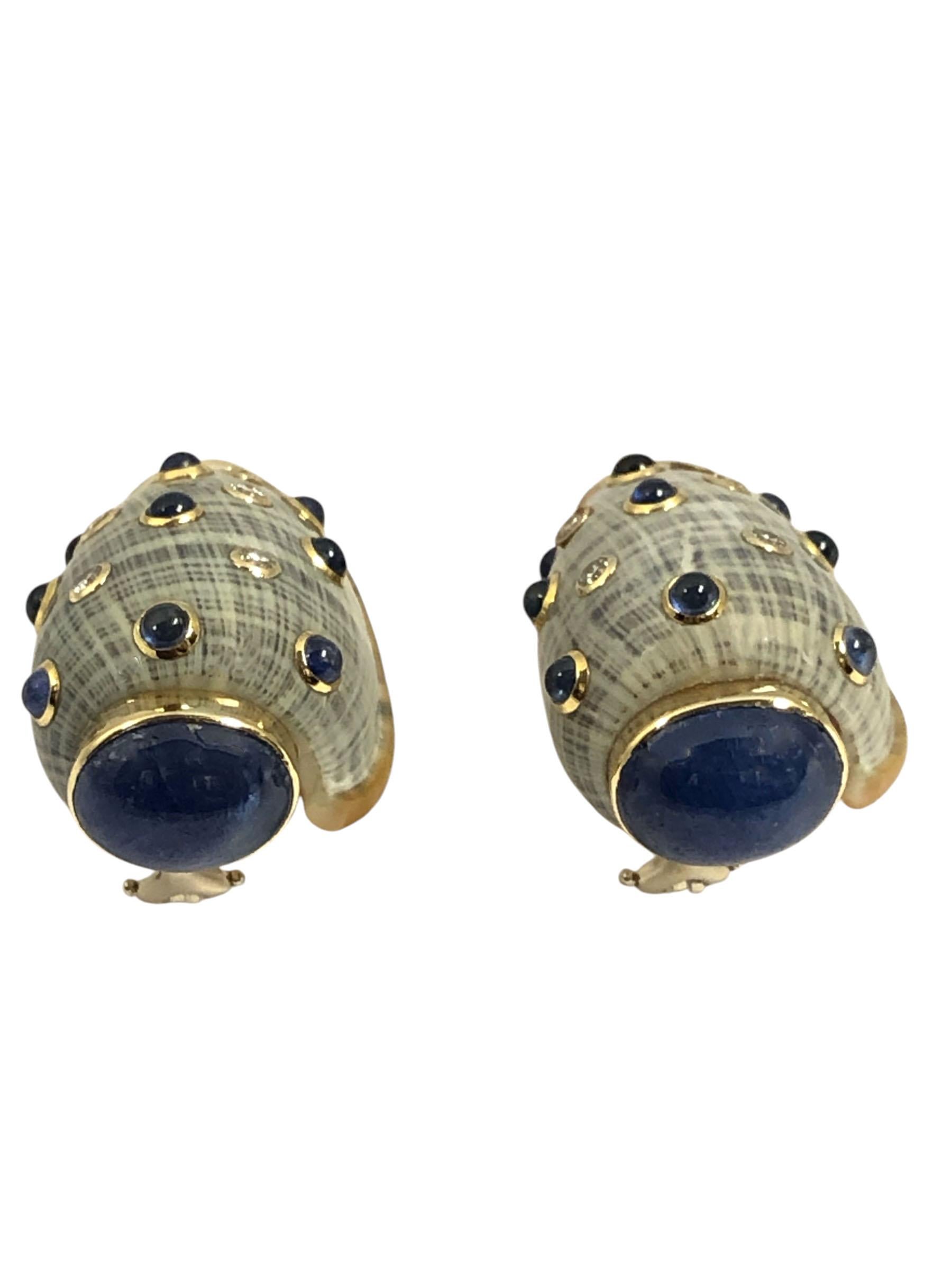 Trianon Turbo Shell Gold Sapphire and Diamond set Earrings In Excellent Condition For Sale In Chicago, IL