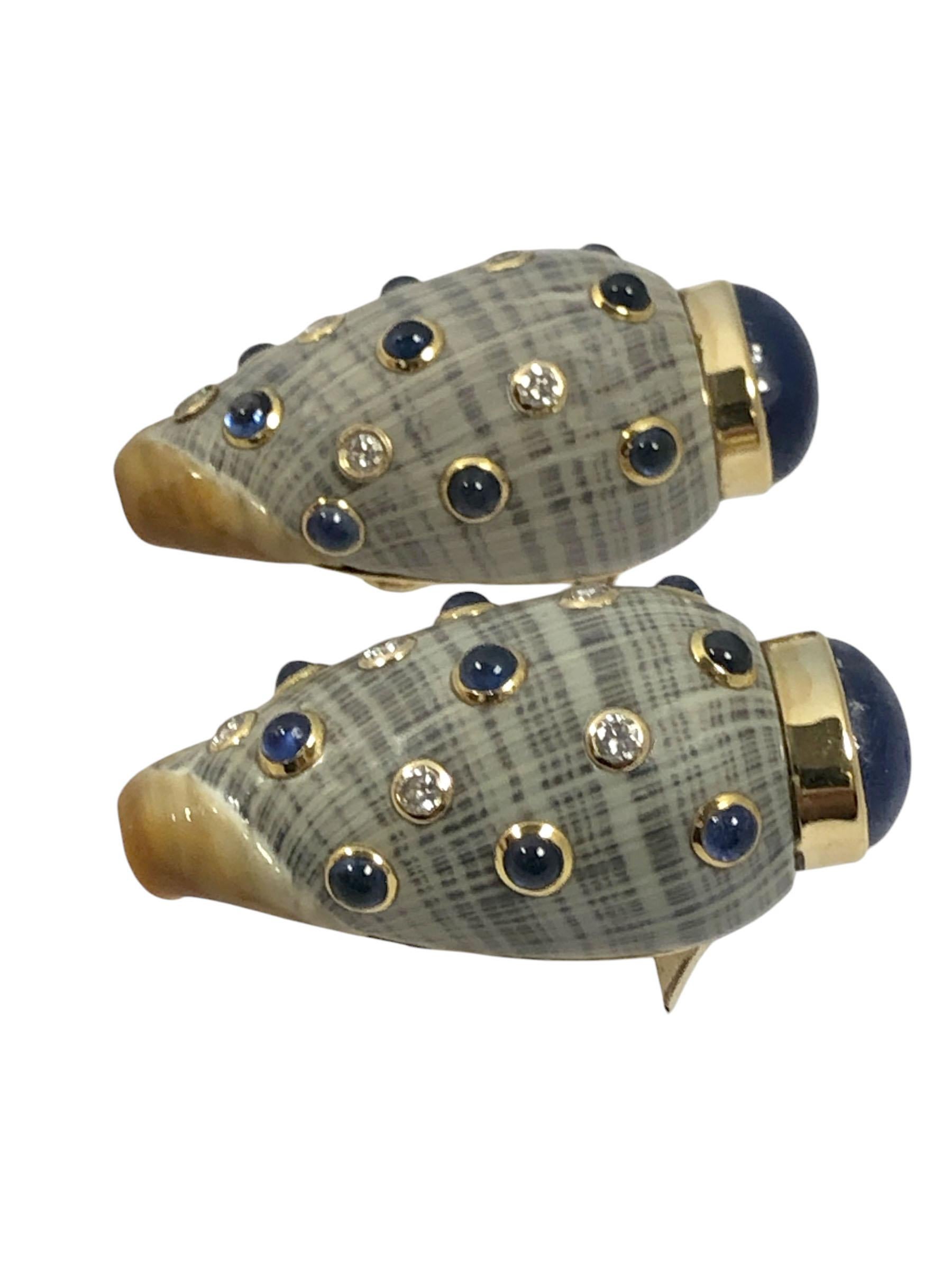 Women's Trianon Turbo Shell Gold Sapphire and Diamond set Earrings For Sale