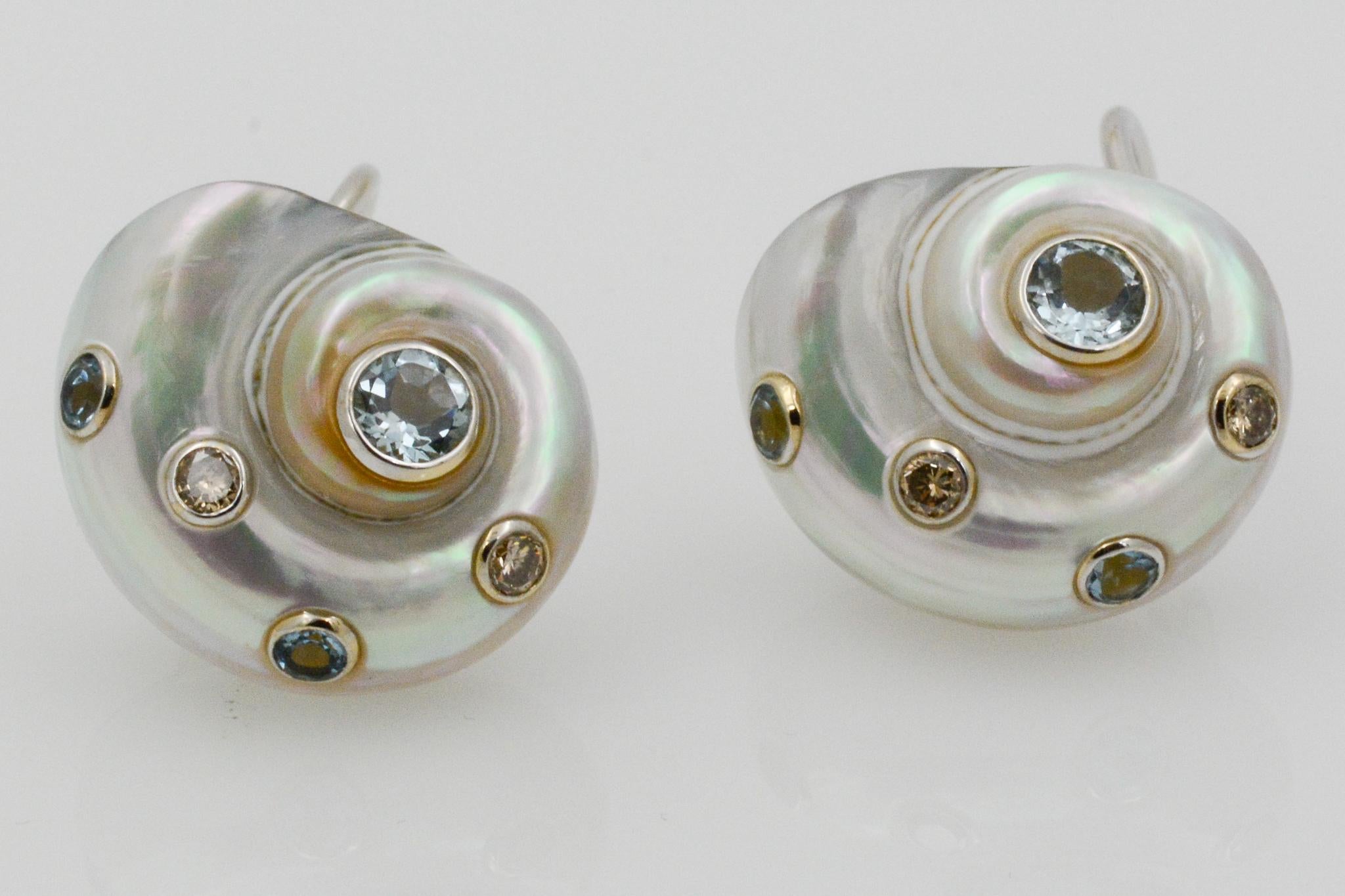 Modern Trianon Umbonium 18 Karat White Gold and Aquamarine and Brown Diamond Earrings