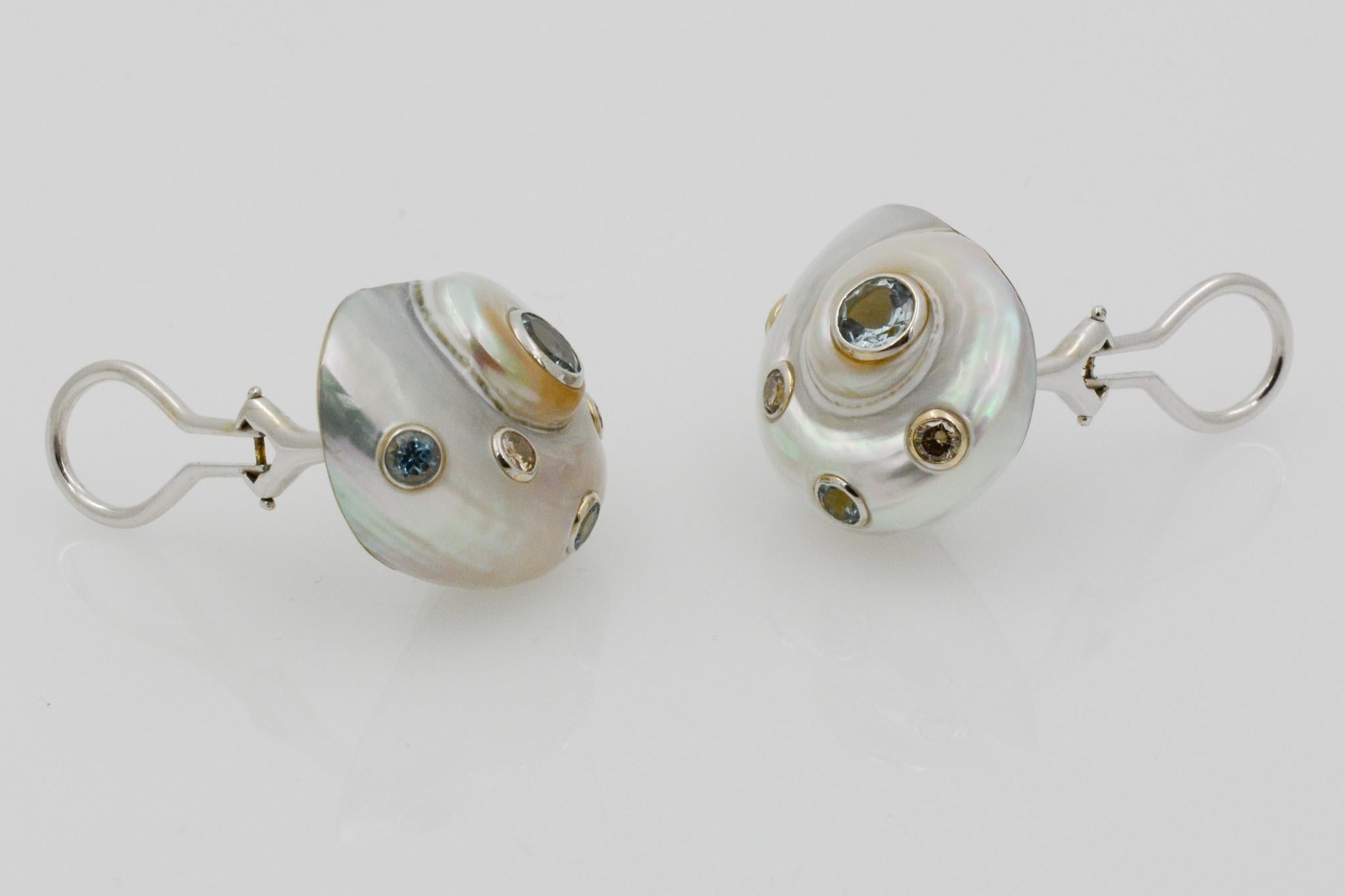 Women's Trianon Umbonium 18 Karat White Gold and Aquamarine and Brown Diamond Earrings