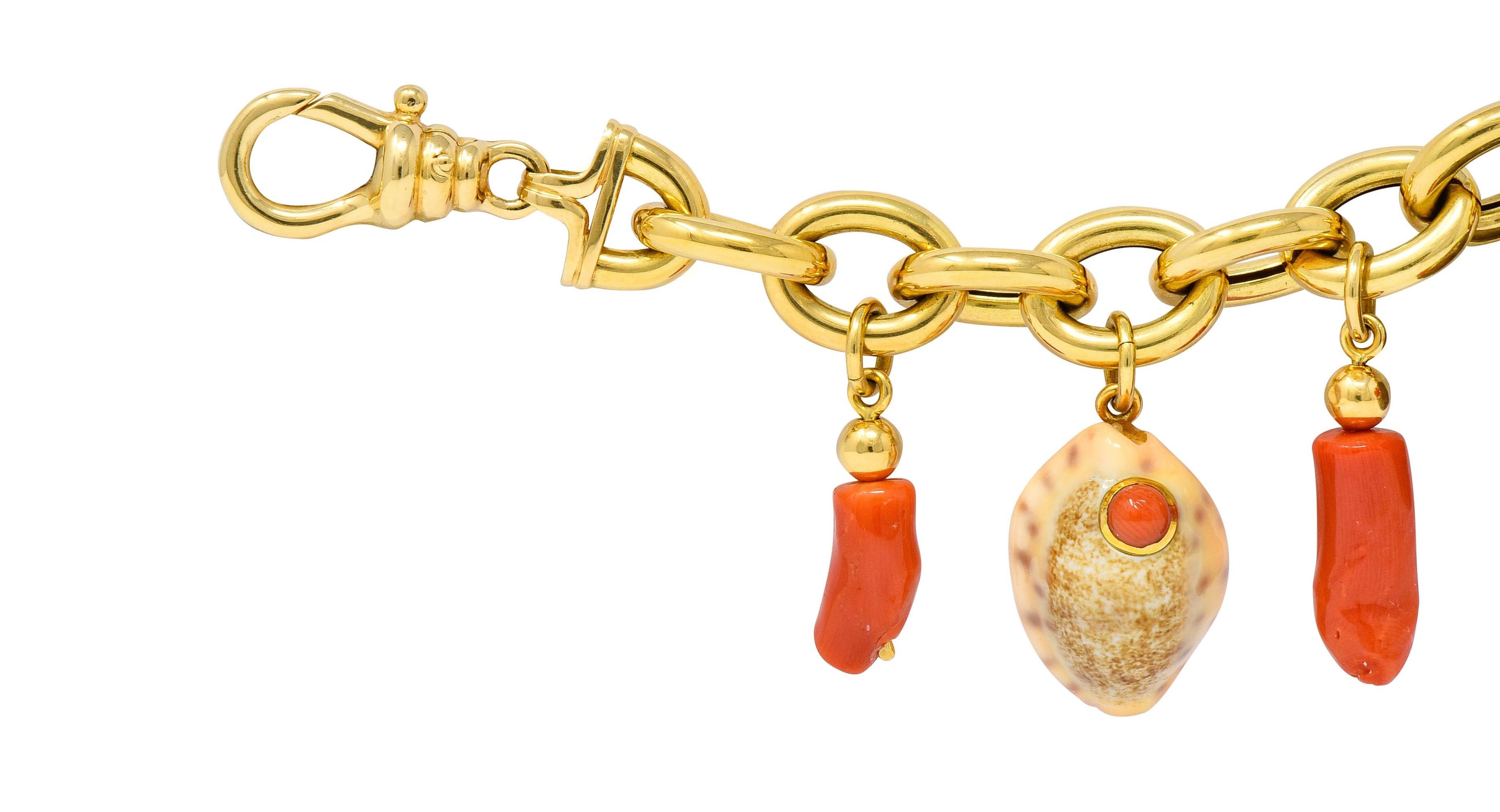 Contemporary Trianon Vintage Coral Enamel 18 Karat Gold Seashell Charm Bracelet
