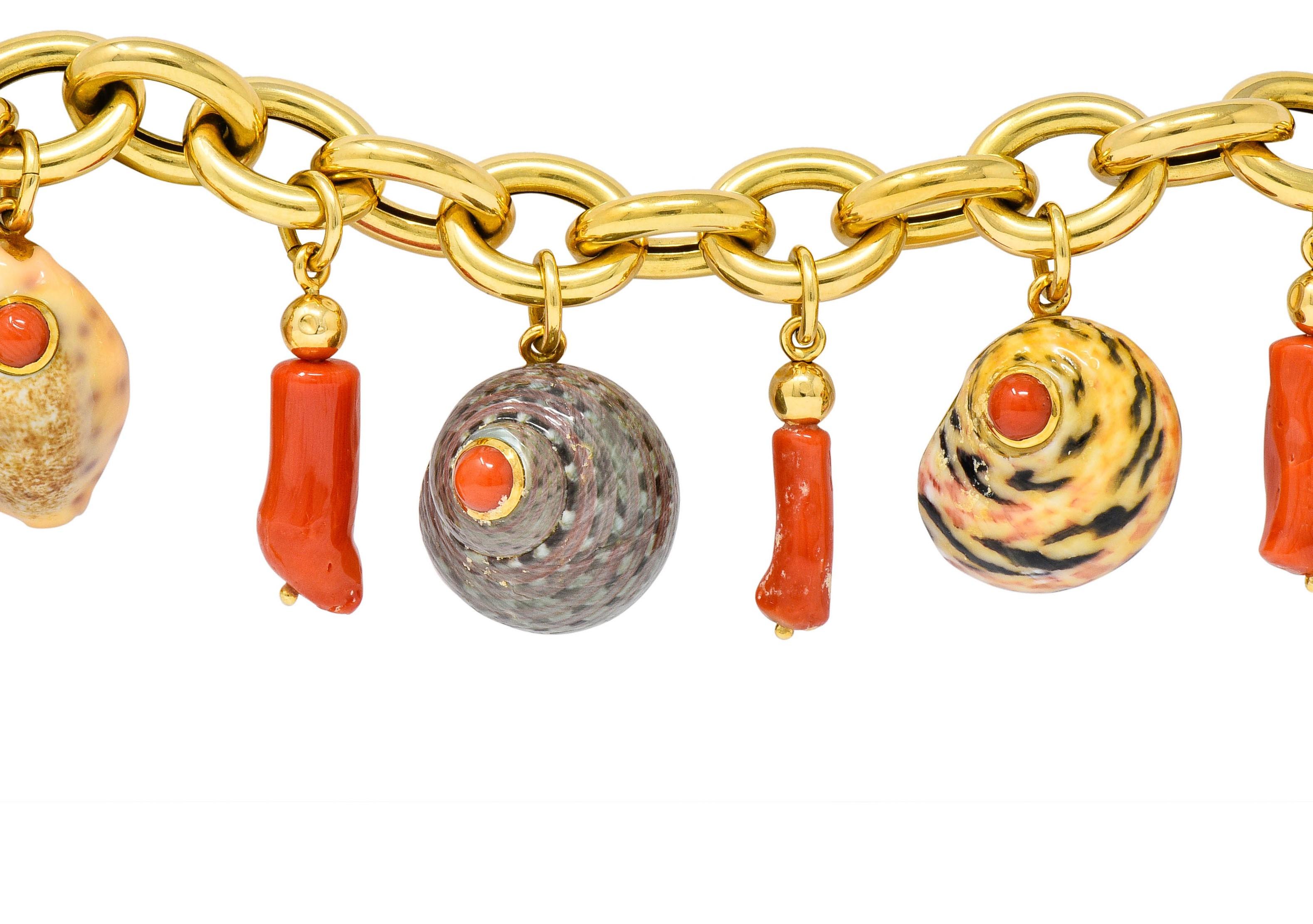 Cabochon Trianon Vintage Coral Enamel 18 Karat Gold Seashell Charm Bracelet