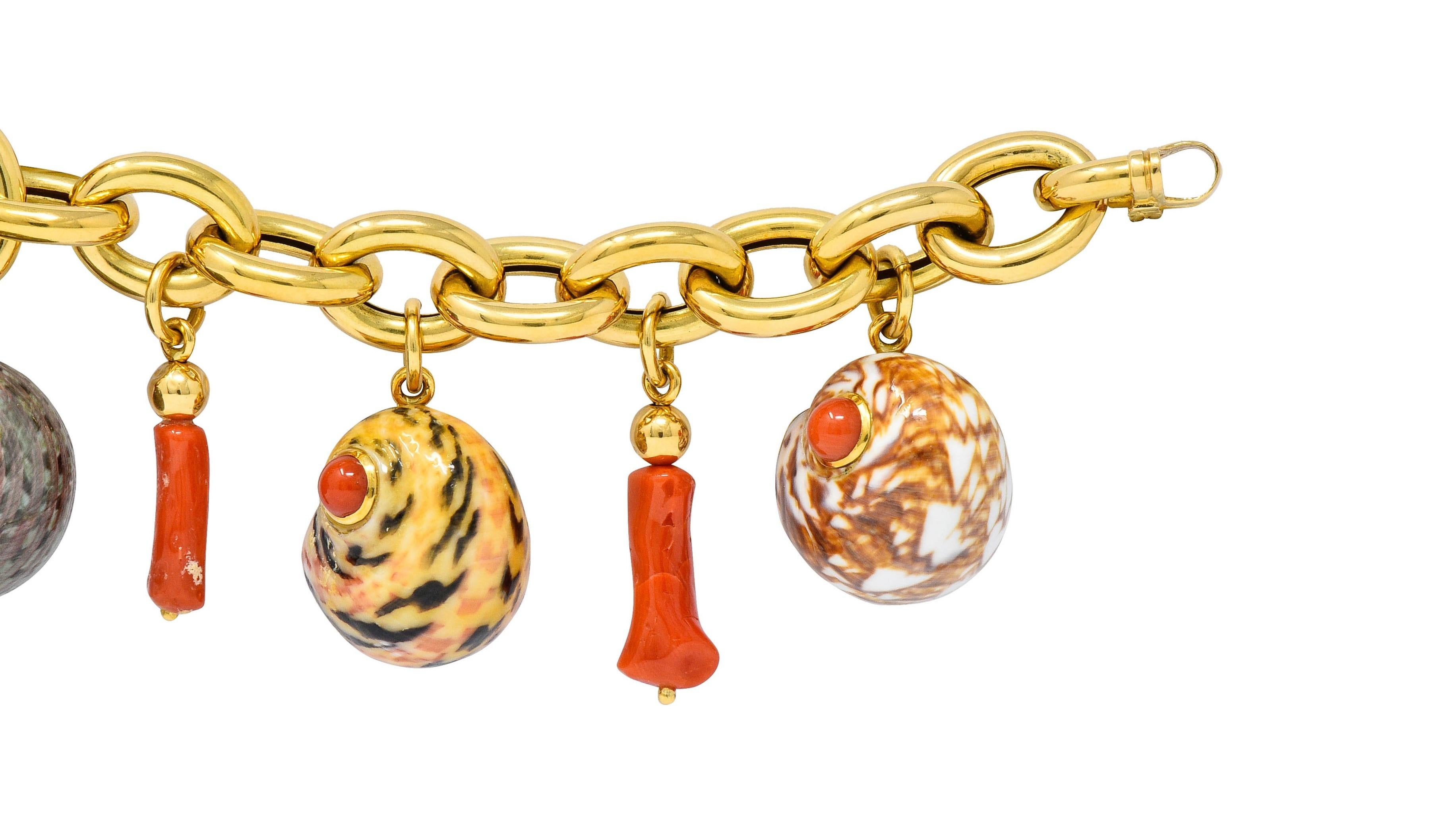 Trianon Vintage Coral Enamel 18 Karat Gold Seashell Charm Bracelet In Excellent Condition In Philadelphia, PA