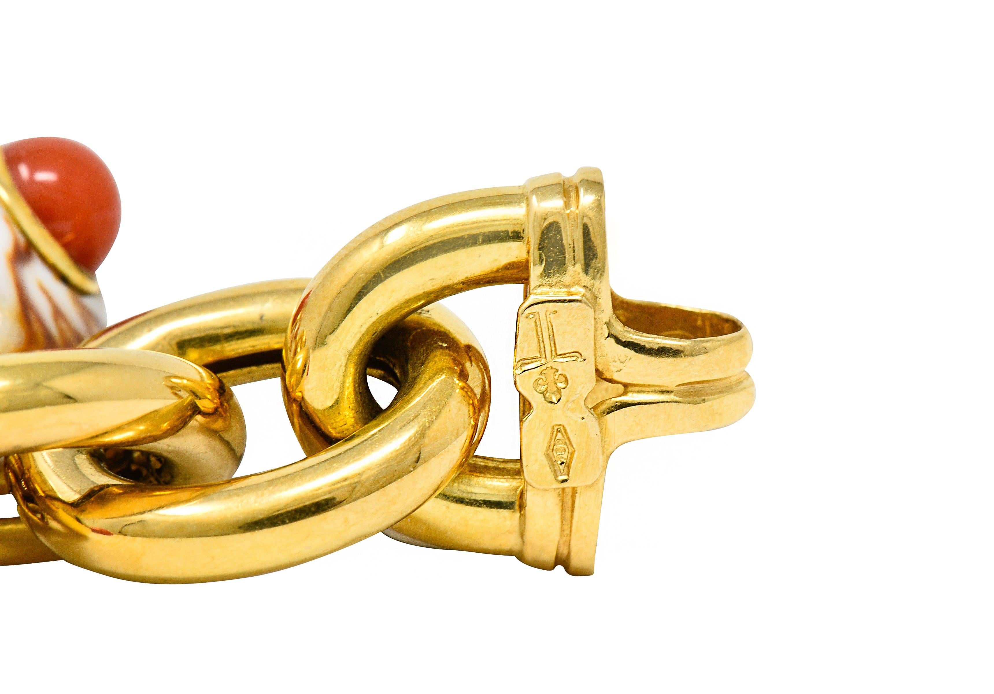 Women's or Men's Trianon Vintage Coral Enamel 18 Karat Gold Seashell Charm Bracelet