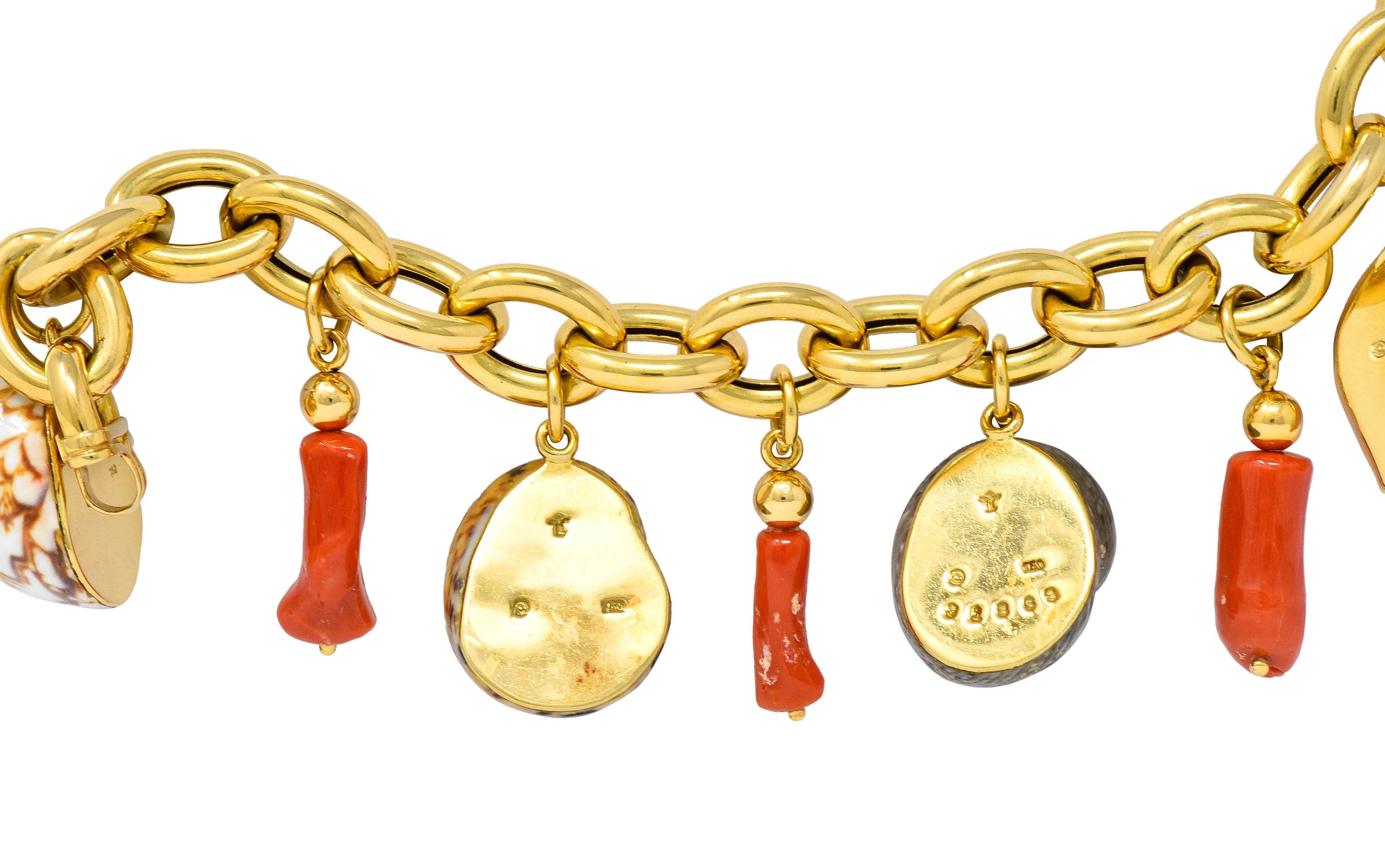 Trianon Vintage Coral Enamel 18 Karat Gold Seashell Charm Bracelet 1