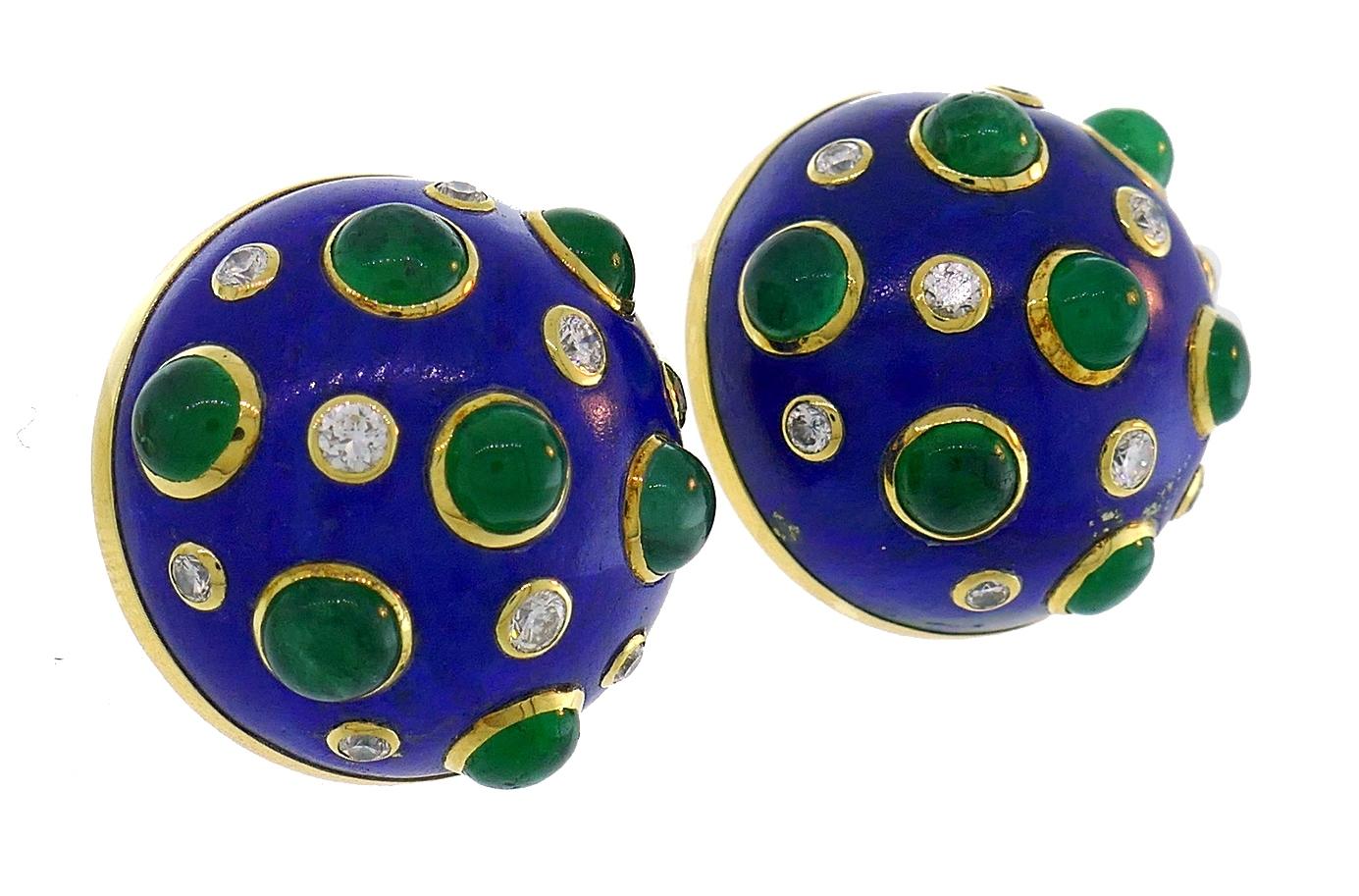 Mixed Cut Trianon Yellow Gold Clip-On Earrings Lapis Lazuli Emerald Diamond