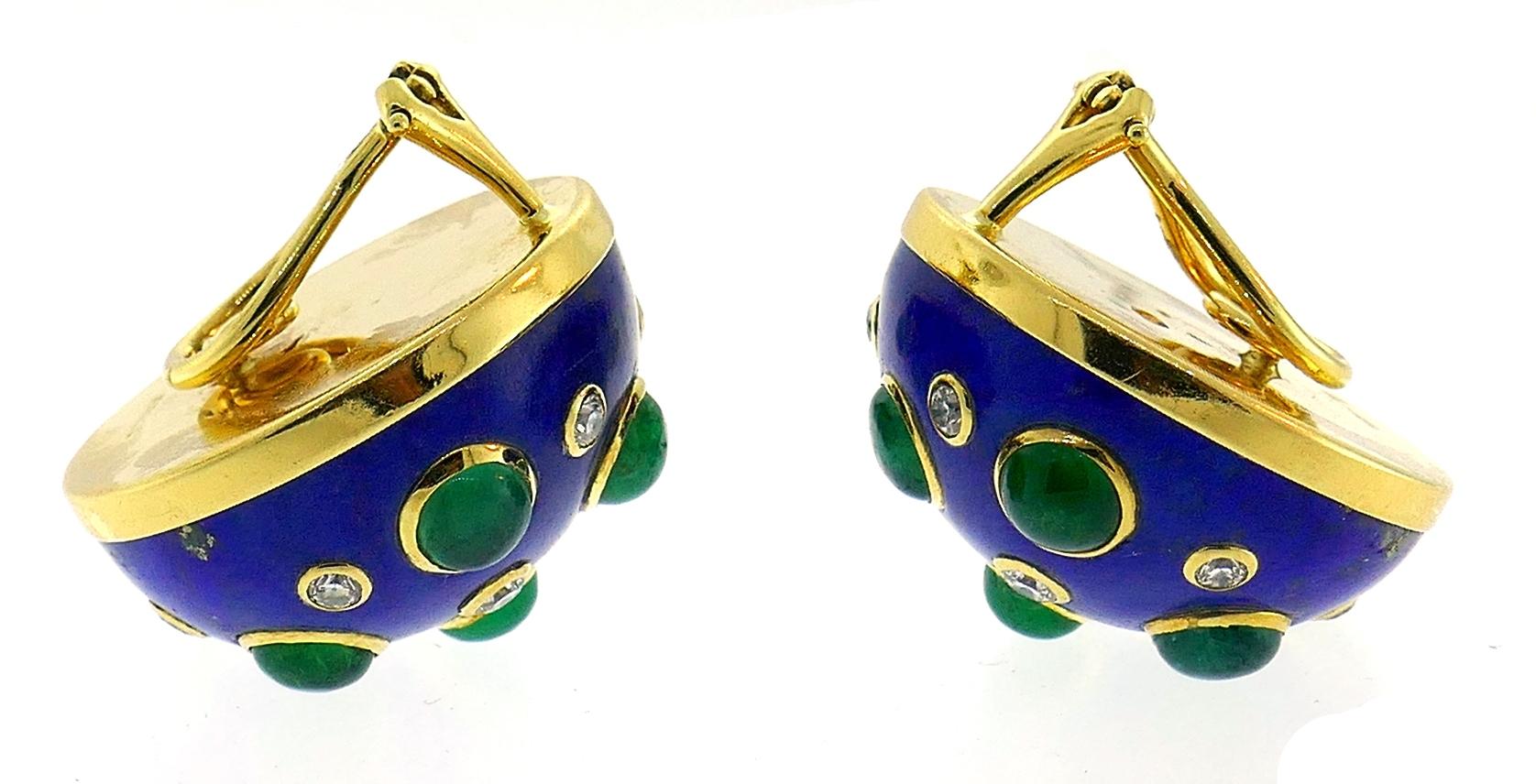 Trianon Yellow Gold Clip-On Earrings Lapis Lazuli Emerald Diamond In Good Condition In Beverly Hills, CA