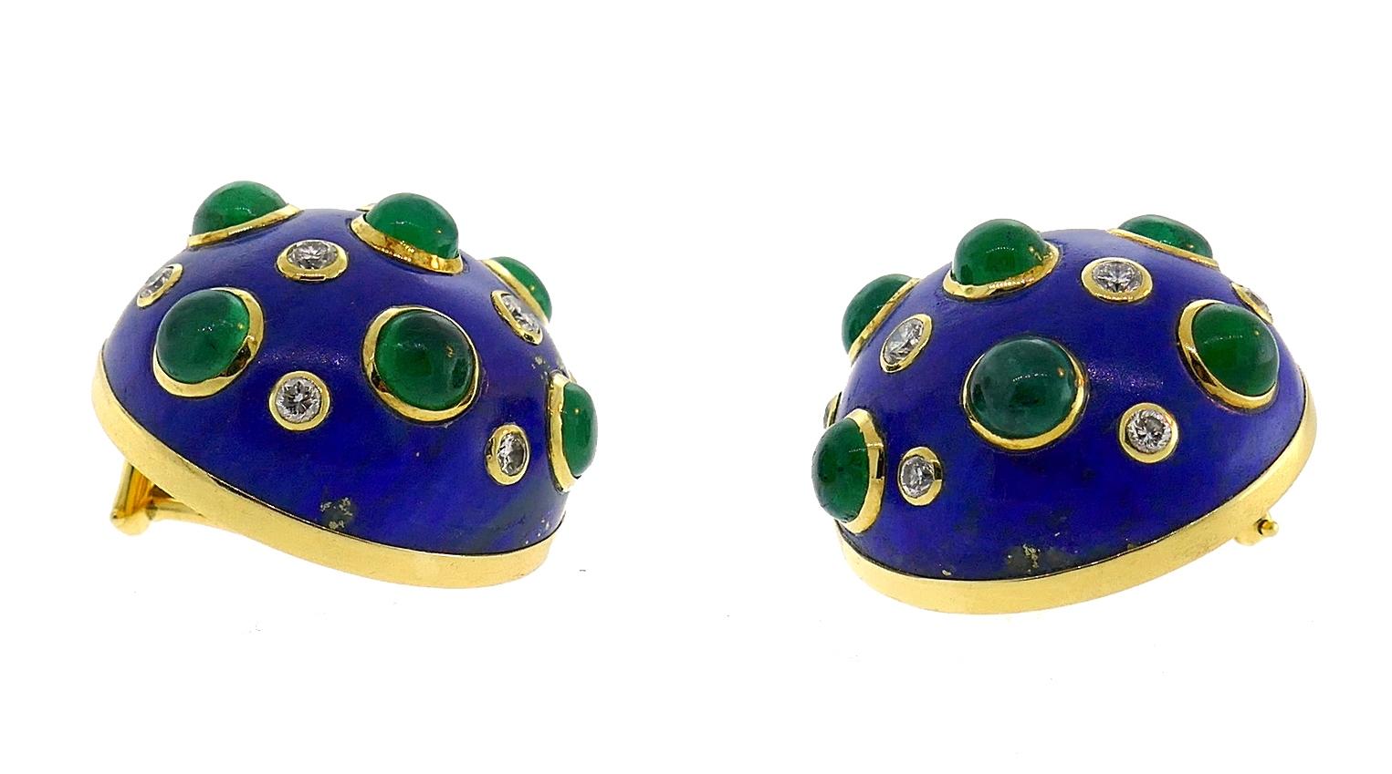 Women's Trianon Yellow Gold Clip-On Earrings Lapis Lazuli Emerald Diamond