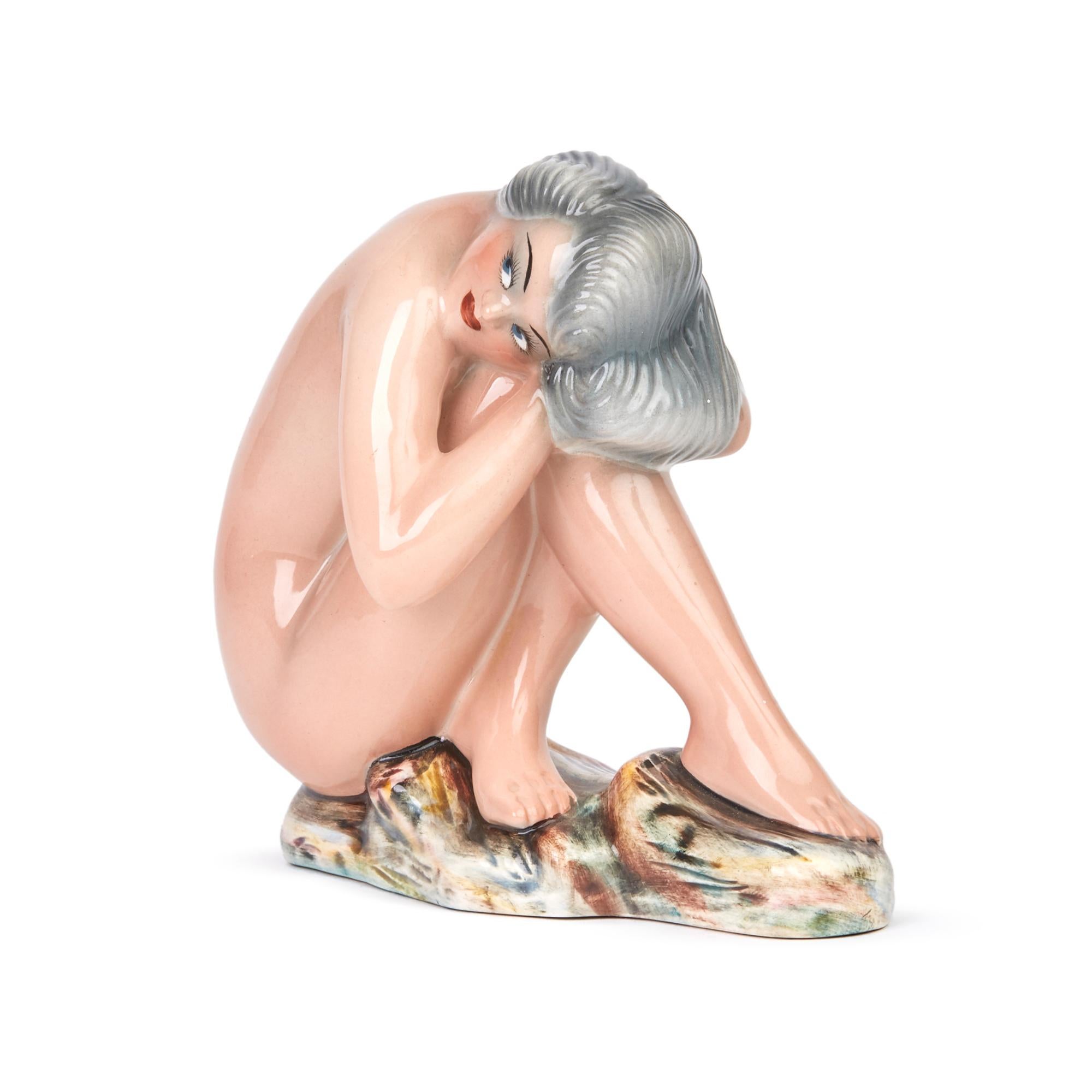 Triart Bassano Italian Art Deco Pottery Seated Nude Figure In Good Condition For Sale In Bishop's Stortford, Hertfordshire
