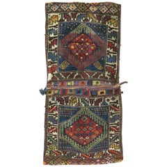 Tribal 20th Century Kurdish Blue Red Bagface Saddleback Textile Rug