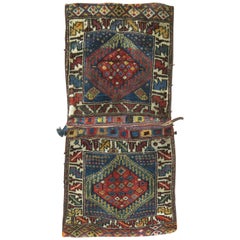 Tribal 20th Century Kurdish Blue Red Bagface Saddleback Textile Rug