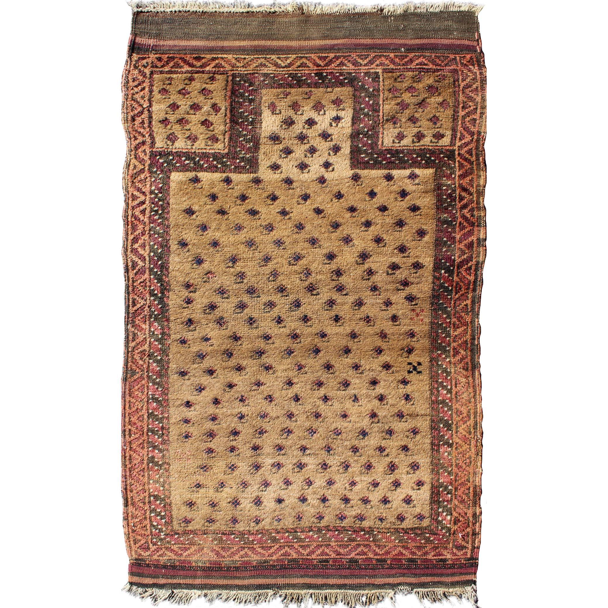 Tribal Afghan Antique Beluch Prayer Rug with All-Over Paisley Pattern in Camel