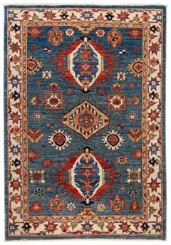 Tribal Afghan Hand-Knotted Karajeh Wool Accent Rug 3x5 Blue