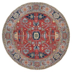 Tapis rond tribal afghan en laine Serapi, noué à la main, 8x8, rouge
