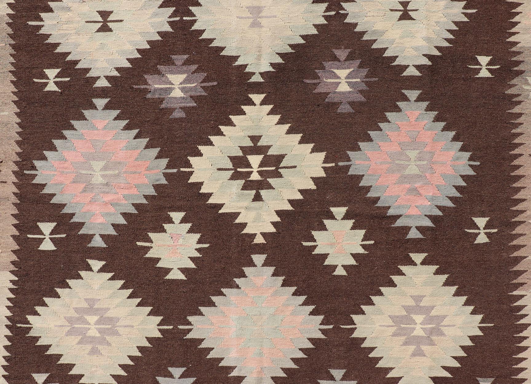 Tribal and Geometrics Turkish Kilim in Brown with Cream, Pink, Light Gray/Blue For Sale 4