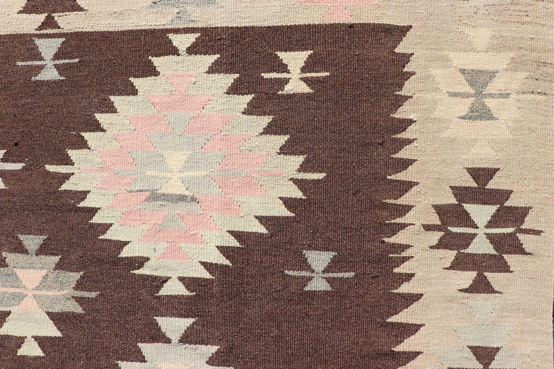Tribal and Geometrics Turkish Kilim in Brown with Cream, Pink, Light Gray/Blue For Sale 5