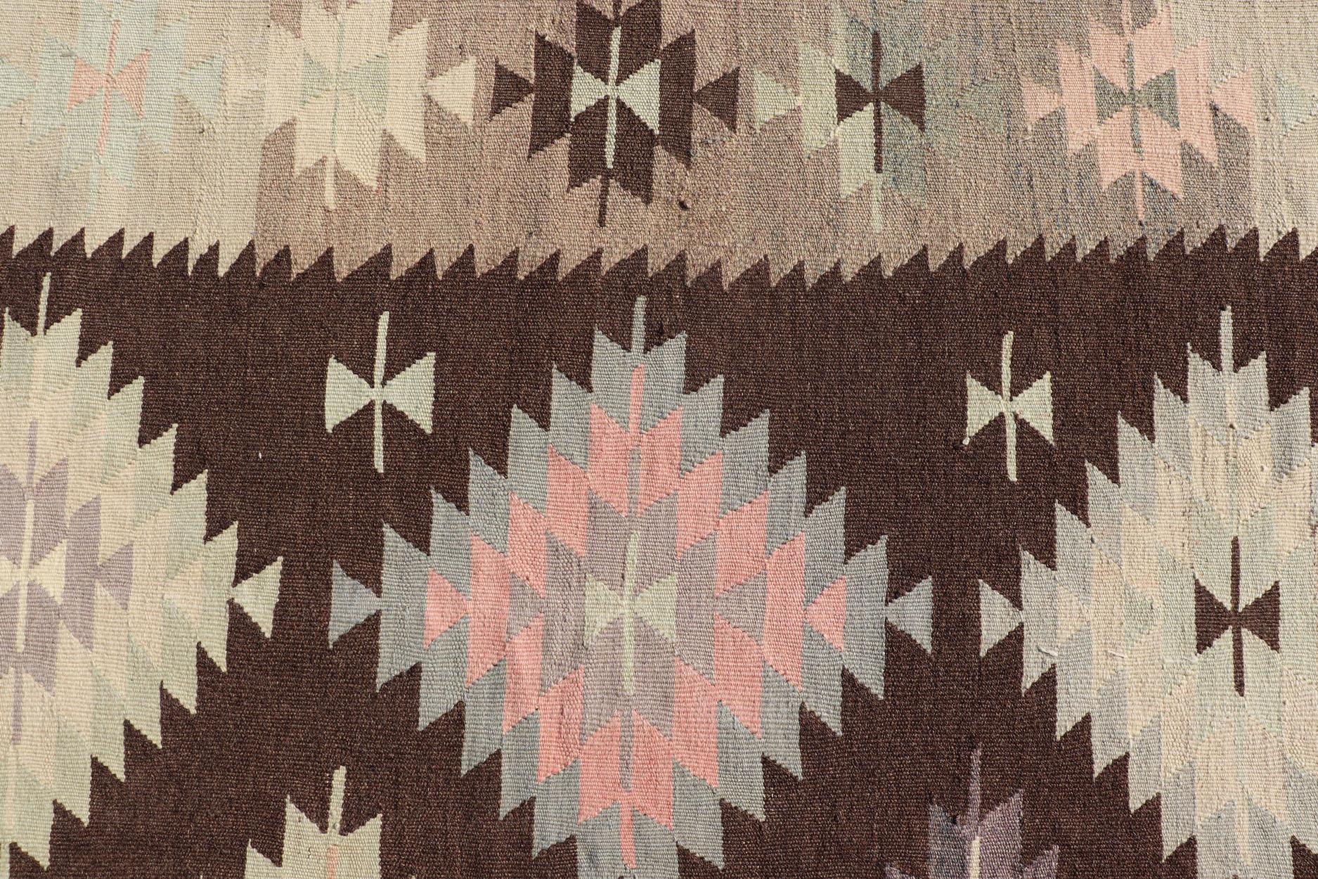 Tribal and Geometrics Turkish Kilim in Brown with Cream, Pink, Light Gray/Blue For Sale 6