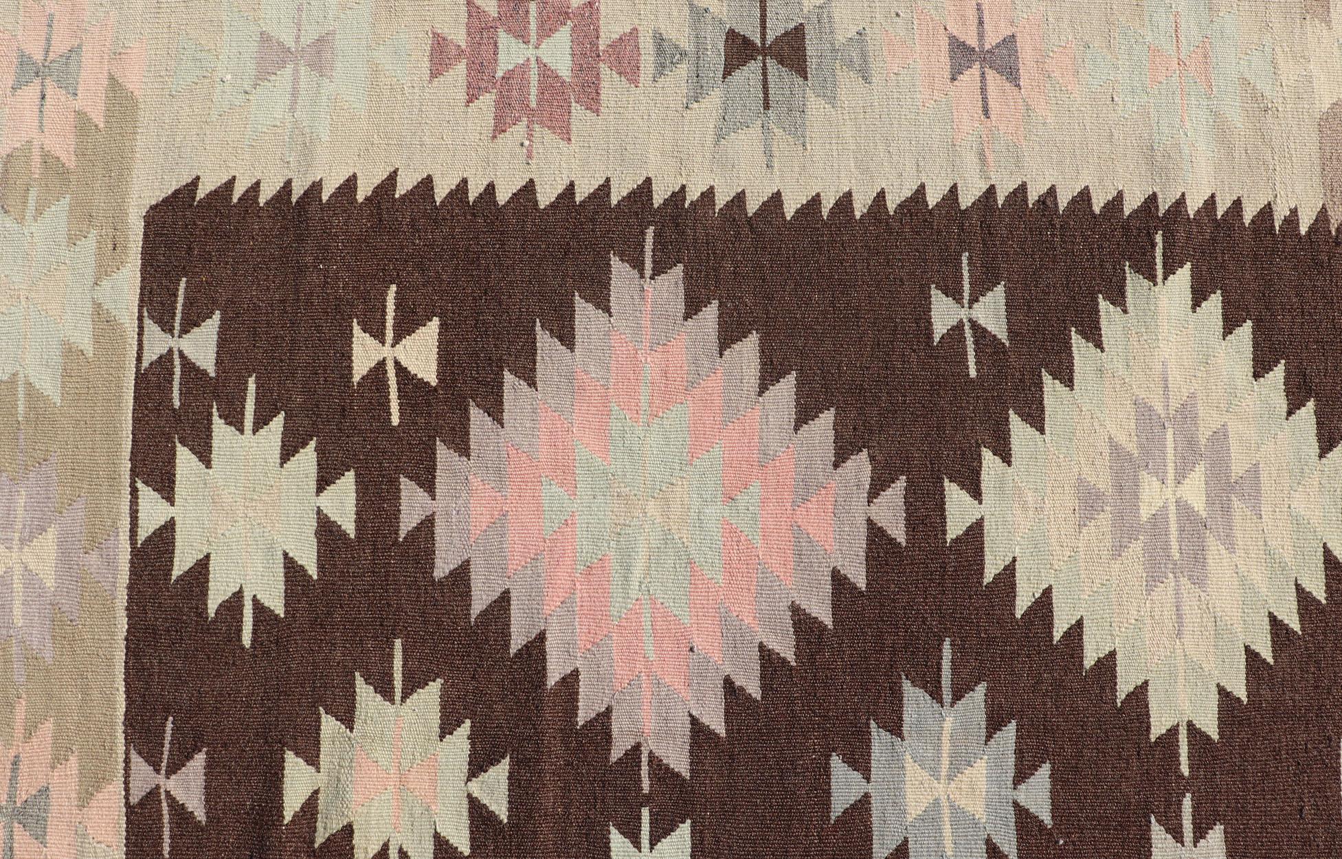 Tribal and Geometrics Turkish Kilim in Brown with Cream, Pink, Light Gray/Blue For Sale 7