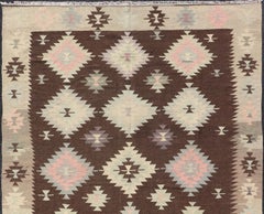 Tribal and Geometrics Turkish Kilim in Brown with Cream, Pink, Light Gray/Blue