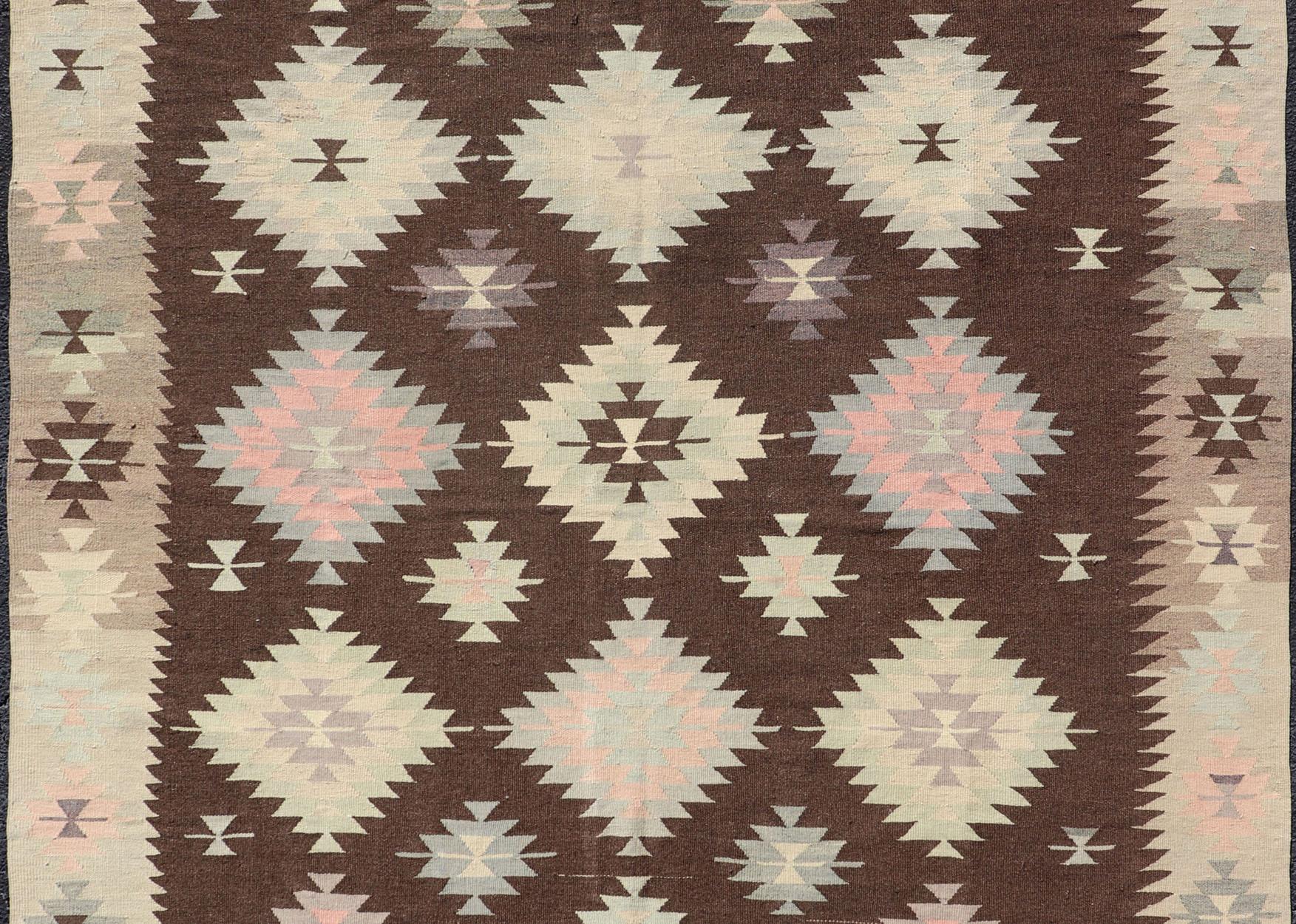 Hand-Knotted Tribal and Geometrics Turkish Kilim in Brown with Cream, Pink, Light Gray/Blue For Sale