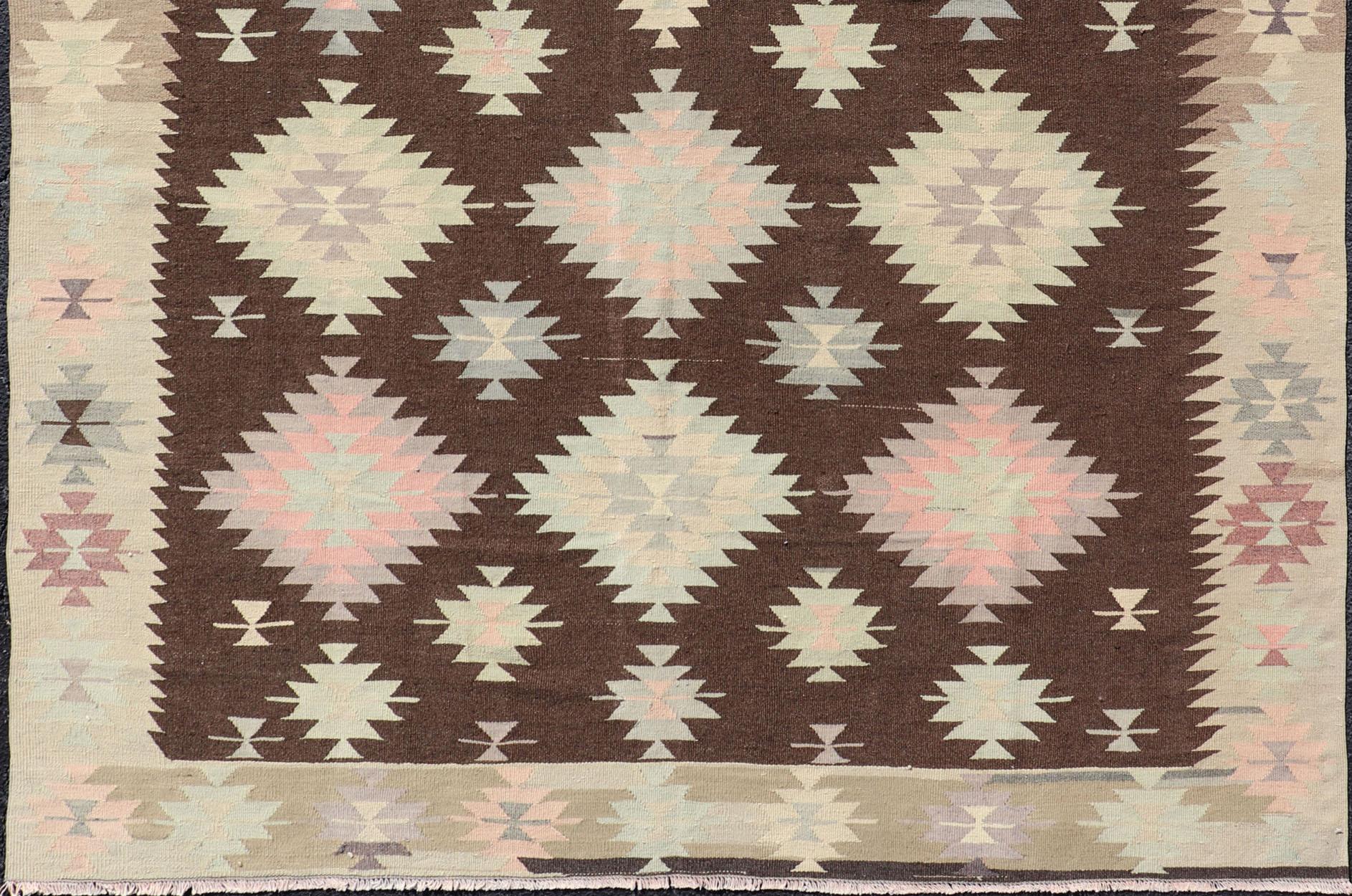 Tribal and Geometrics Turkish Kilim in Brown with Cream, Pink, Light Gray/Blue In Excellent Condition For Sale In Atlanta, GA