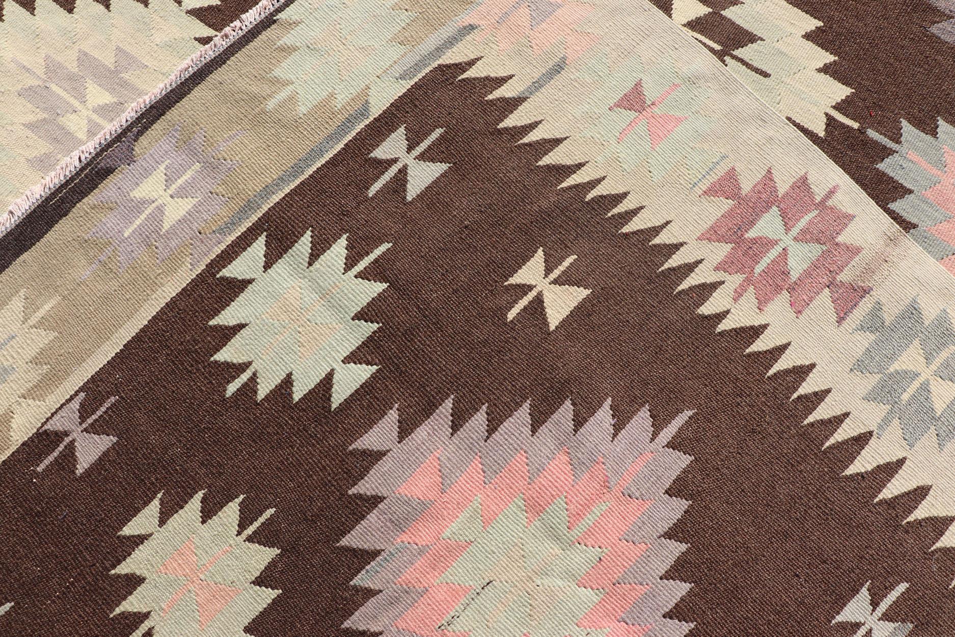 Wool Tribal and Geometrics Turkish Kilim in Brown with Cream, Pink, Light Gray/Blue For Sale