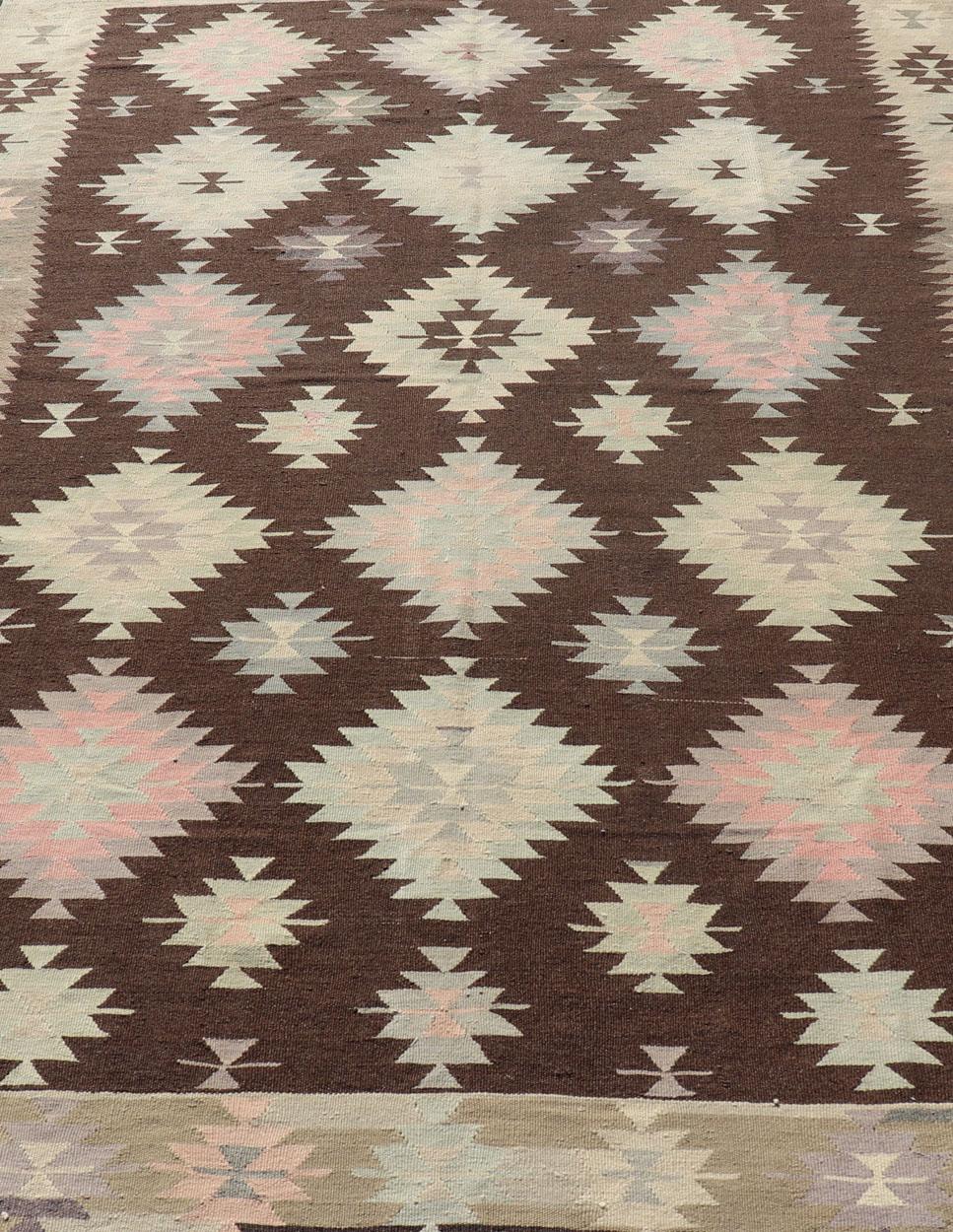 Tribal and Geometrics Turkish Kilim in Brown with Cream, Pink, Light Gray/Blue For Sale 2