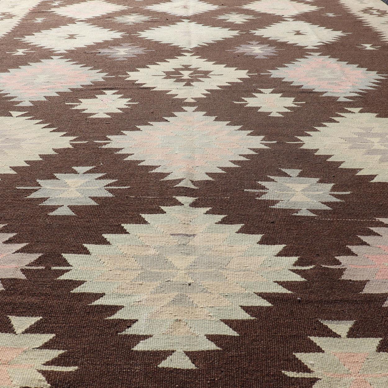 Tribal and Geometrics Turkish Kilim in Brown with Cream, Pink, Light Gray/Blue For Sale 3