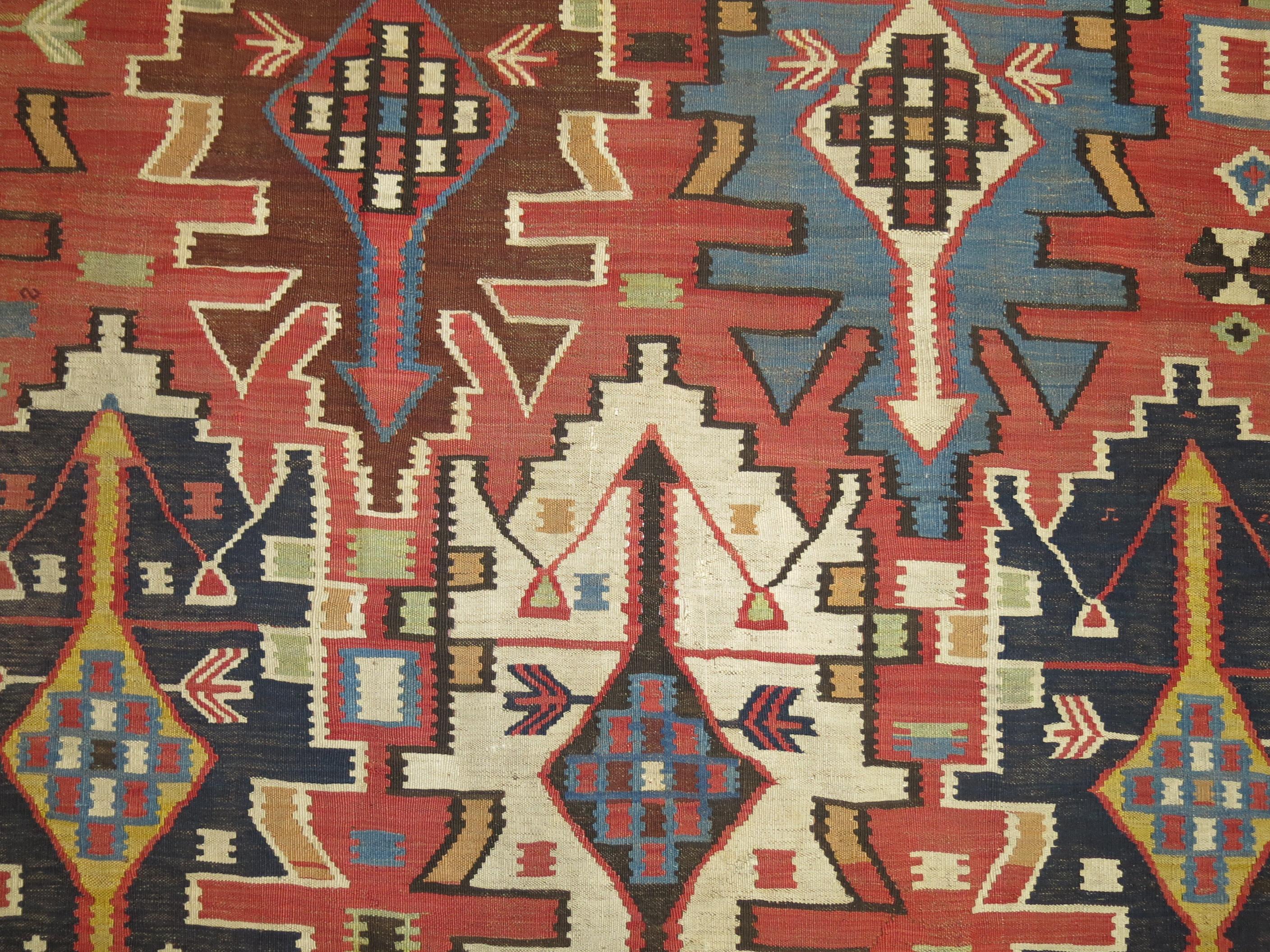 Wool Tribal Antique Caucasian Geometric Kilim For Sale