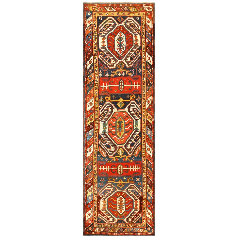 Tribal Antique Caucasian Lankoran Runner Rug. Size 3 ft 5 in x 11 ft