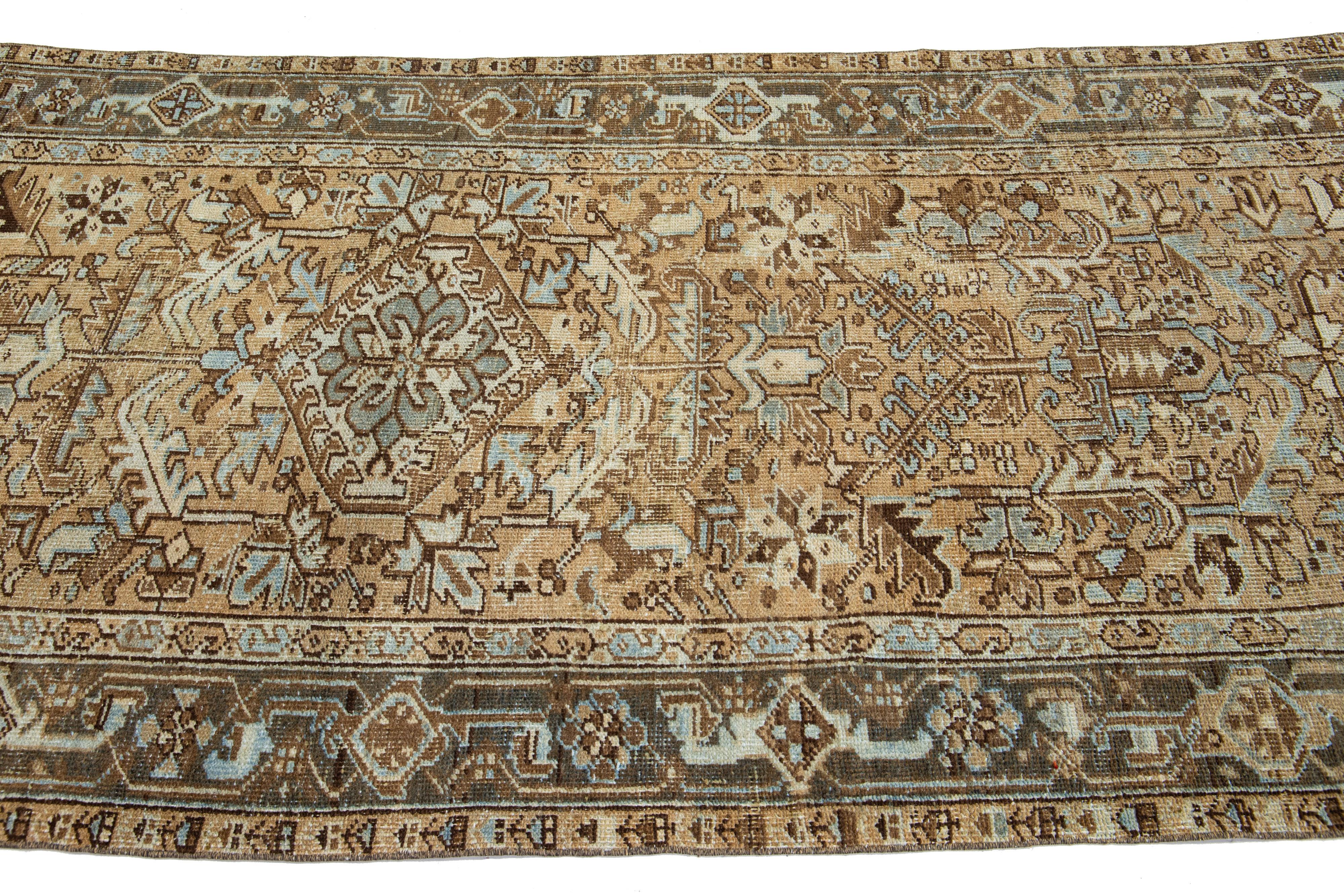 Persian Tribal Antique Heriz Handmade Wool Runner with Brown Field  For Sale