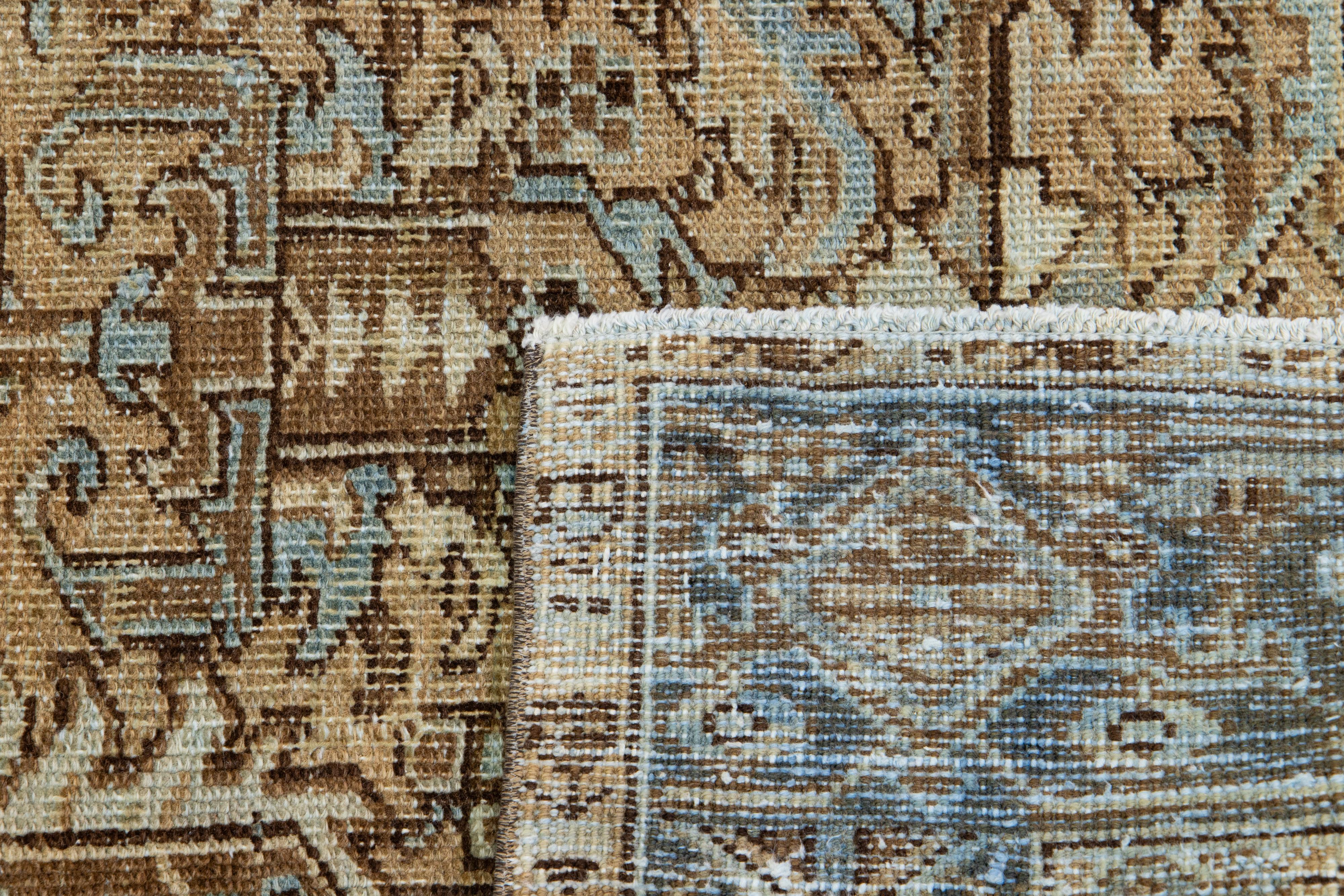 Tribal Antique Heriz Handmade Wool Runner with Brown Field  For Sale 1