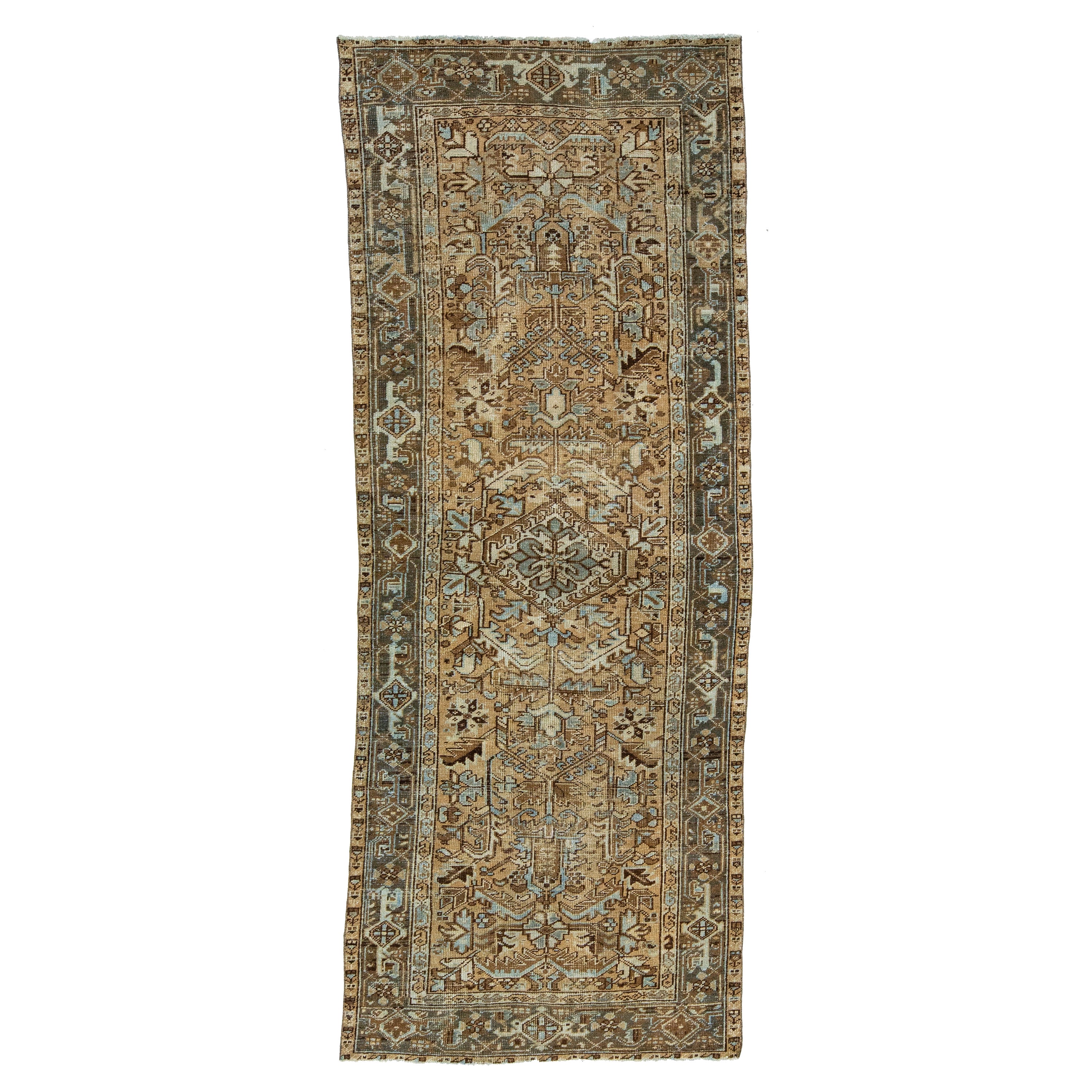 Stammes-Antik Heriz Handmade Wolle Läufer mit Brown Feld