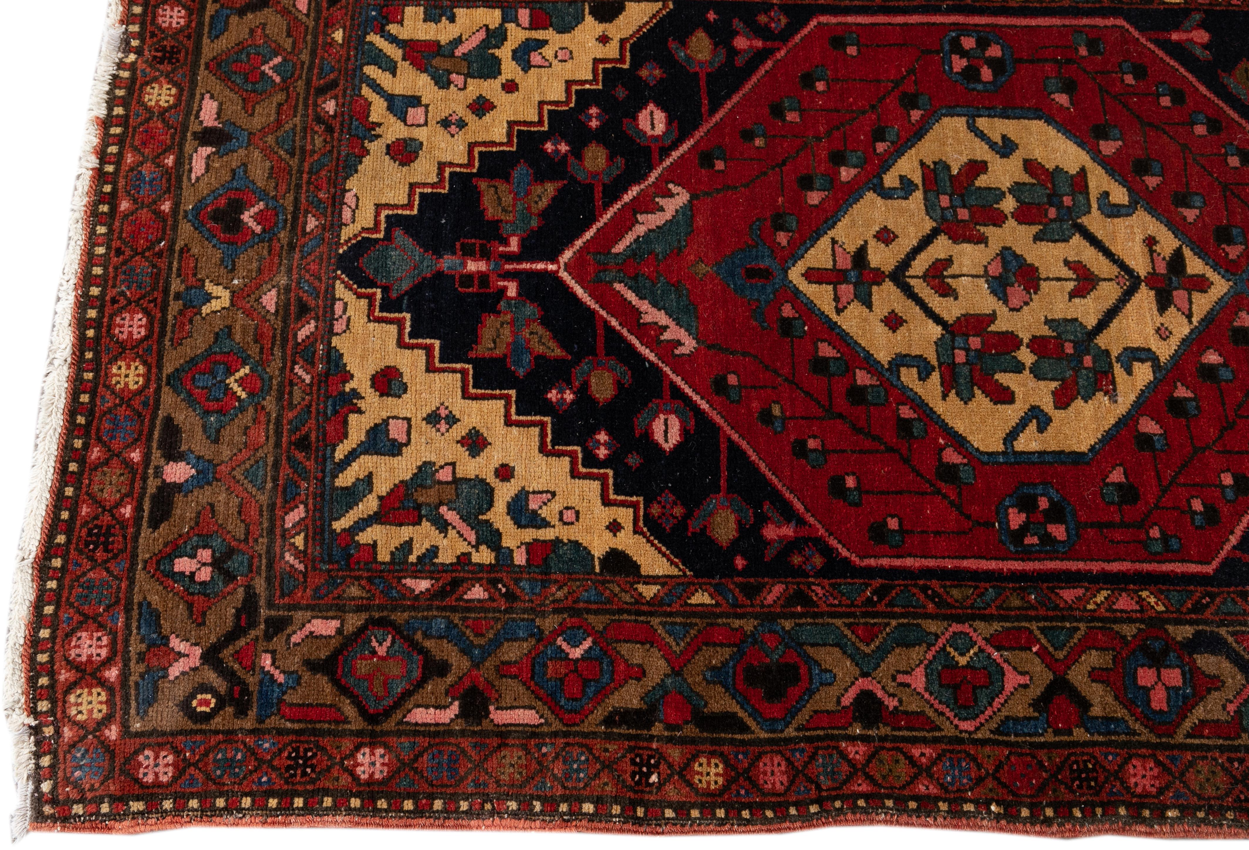 Heriz Serapi Tribal Antique Heriz Handmade Wool Runner with Multicolor Field For Sale