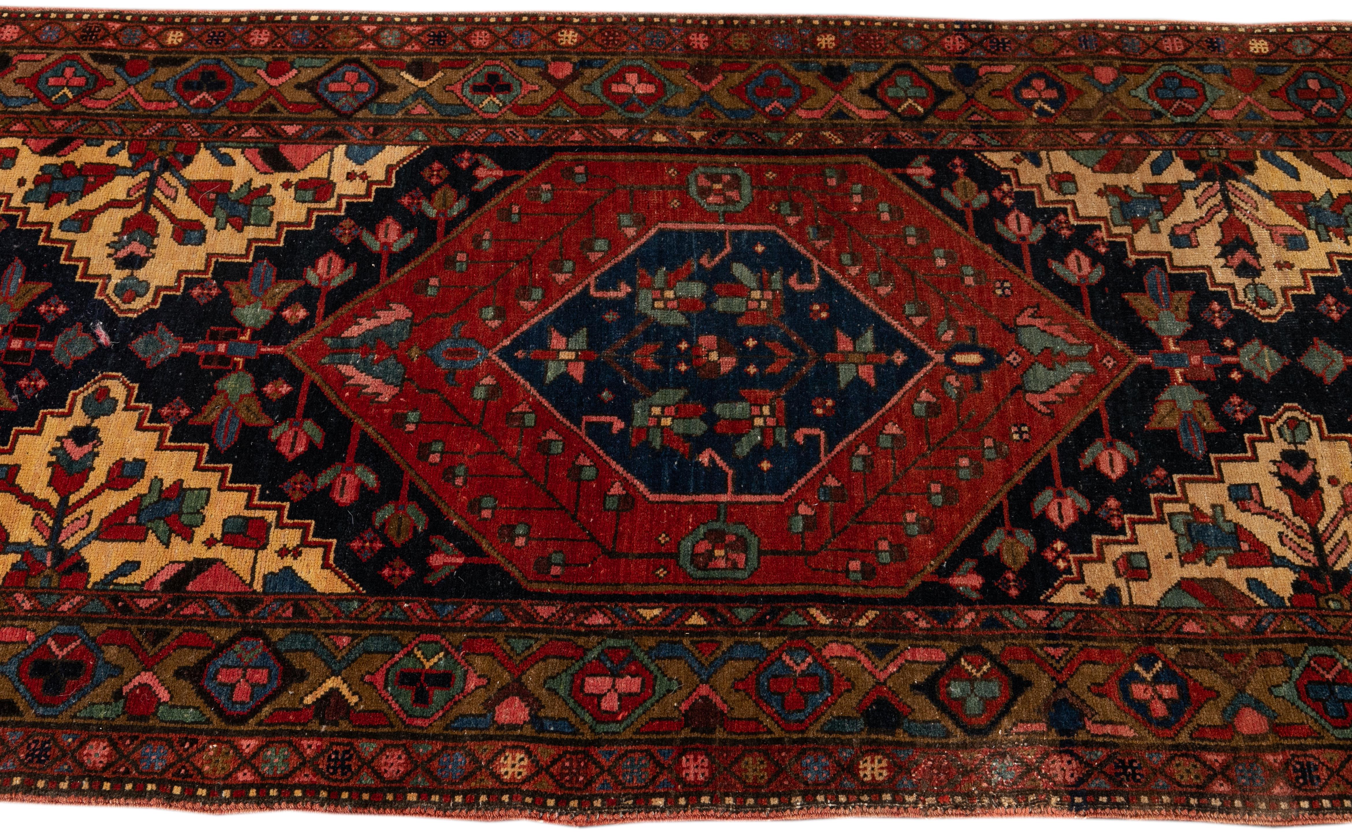 Persian Tribal Antique Heriz Handmade Wool Runner with Multicolor Field For Sale