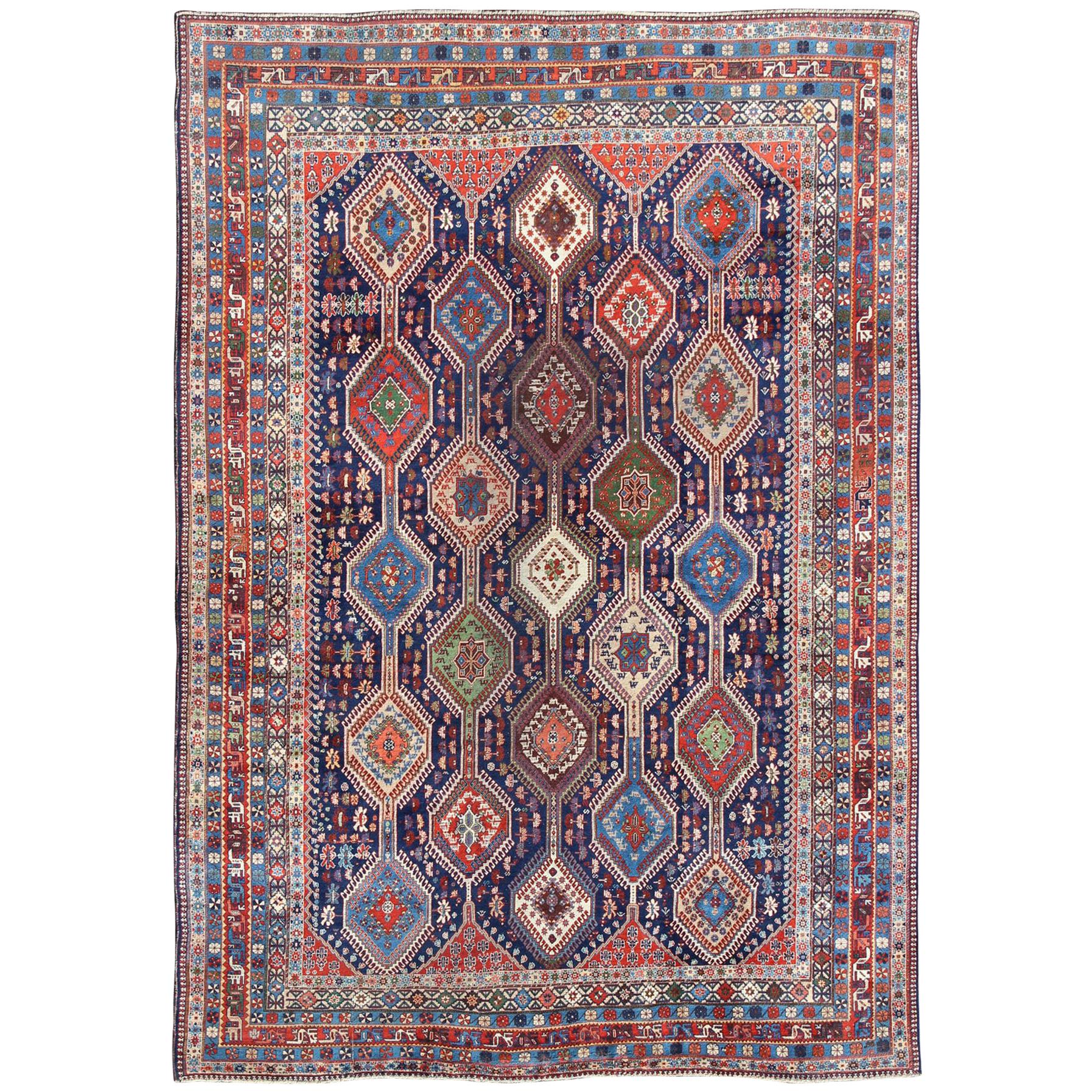 Antique Persian Large Afshar Rug with Rich Jewel Tones and Diamond Design