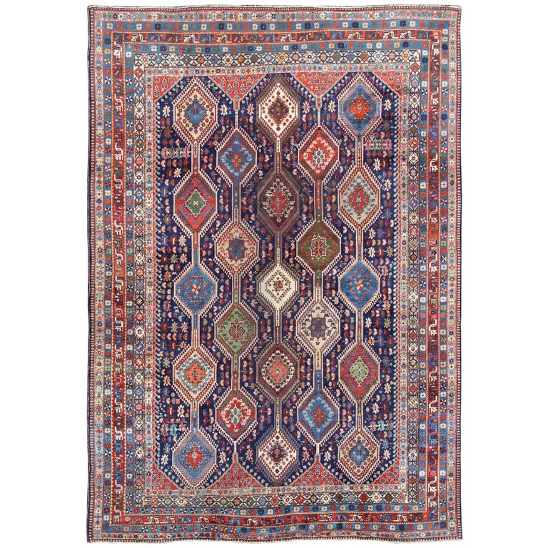 Antique Persian Large Afshar Rug with Rich Jewel Tones and Diamond