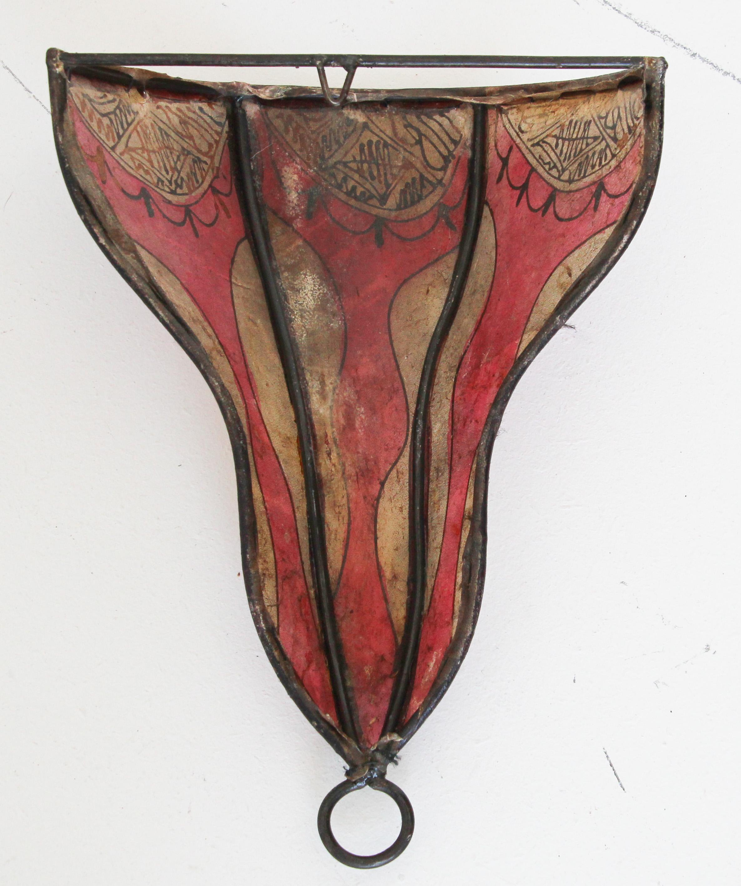 Moroccan Art Red Parchment Handpainted Wall Sconce For Sale 2