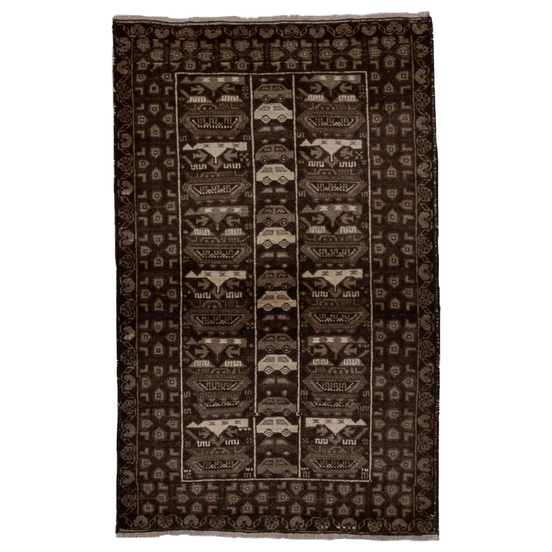 Tribal Belouch Scatter Rug, Dark Espresso Brown Field, Gray and White Accents