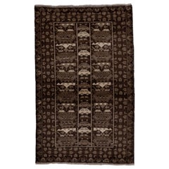 Vintage Tribal Belouch Scatter Rug, Dark Espresso Brown Field, Gray and White Accents