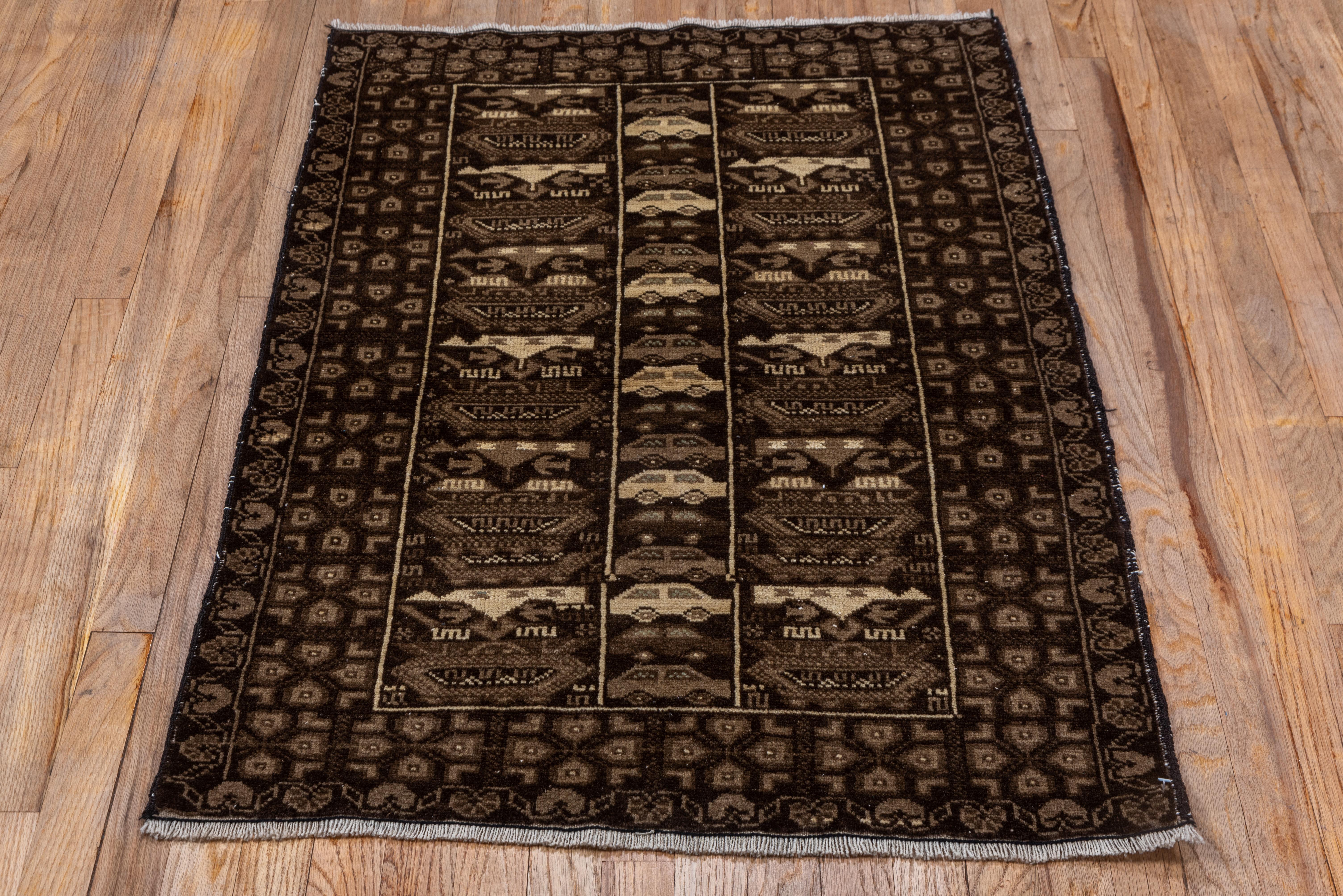 Hand-Knotted Tribal Belouch Scatter Rug, Dark Espresso Brown Field, Gray and White Accents For Sale